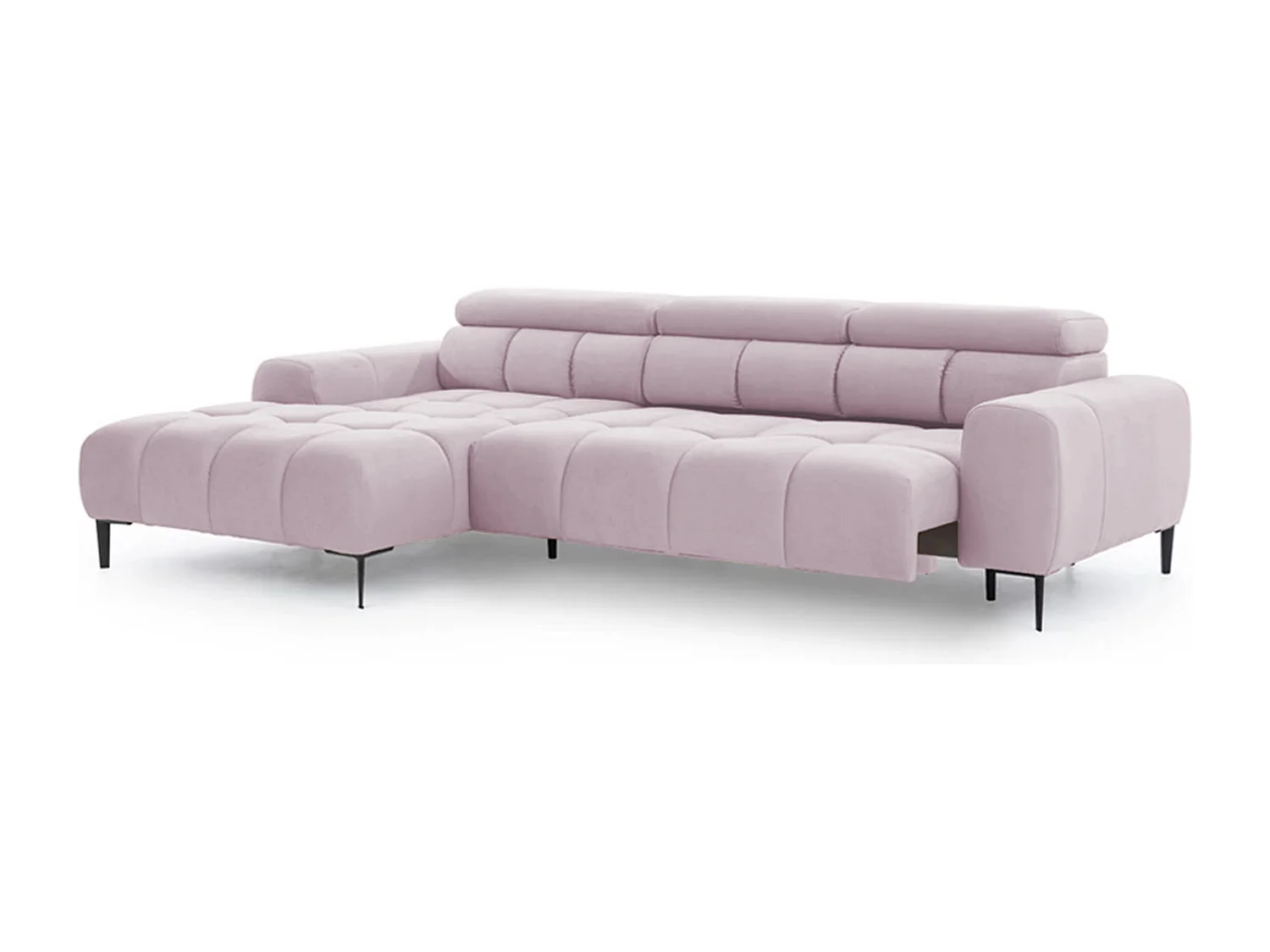 Ecksofa PLAZA-MINI Stoff SOLAR Longchair Links, Flauschige Rückenlehne, Industrial Style, L-Form, 270x99x177cm, L-PULVERPINKEL