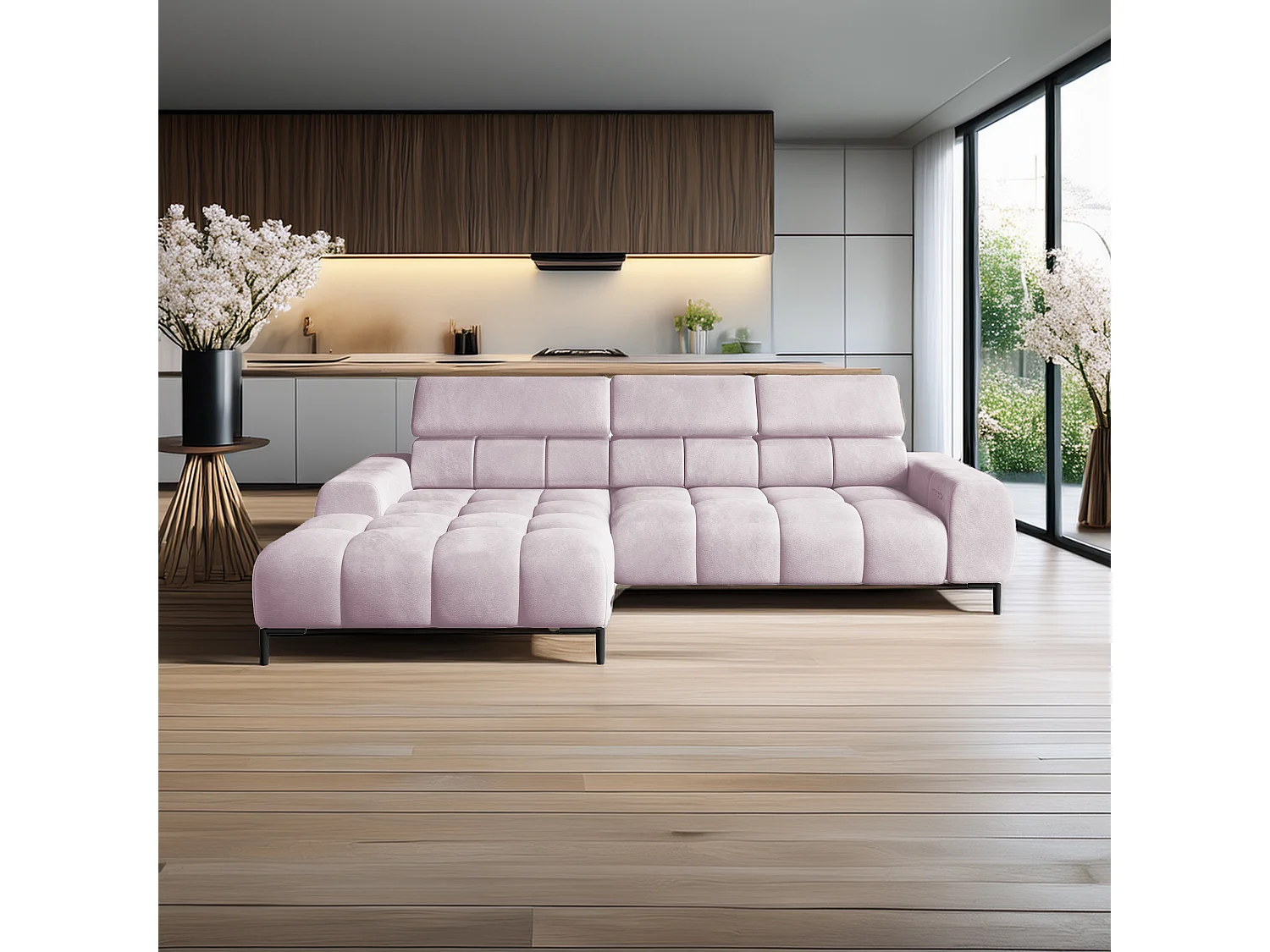 Hoeksalon PLAZA-MINI Stof SOLAR Longchair Links, Zachte Rugleuning, Industrieel Stijl, L-Vorm, 270x99x177cm, L-PULVERROZE