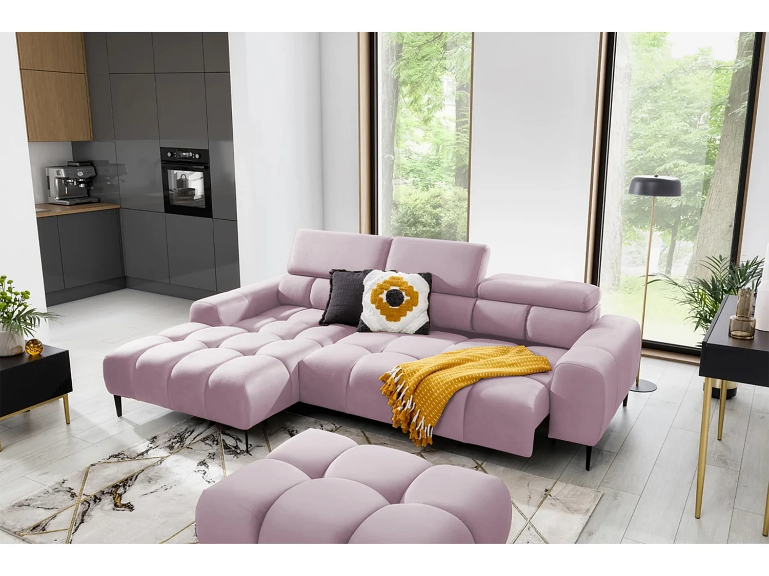 Hoeksalon PLAZA-MINI Stof SOLAR Longchair Links, Zachte Rugleuning, Industrieel Stijl, L-Vorm, 270x99x177cm, L-PULVERROZE