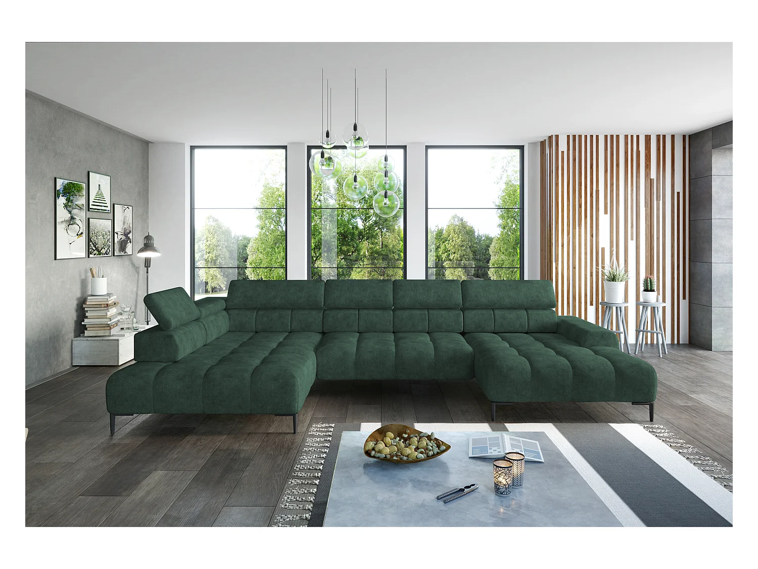Canapé d'angle Plaza en forme de U - Côté gauche, Fonctionnel, Couchage confortable, Têtières réglables, Assise réglable 385x216 cm, Vert