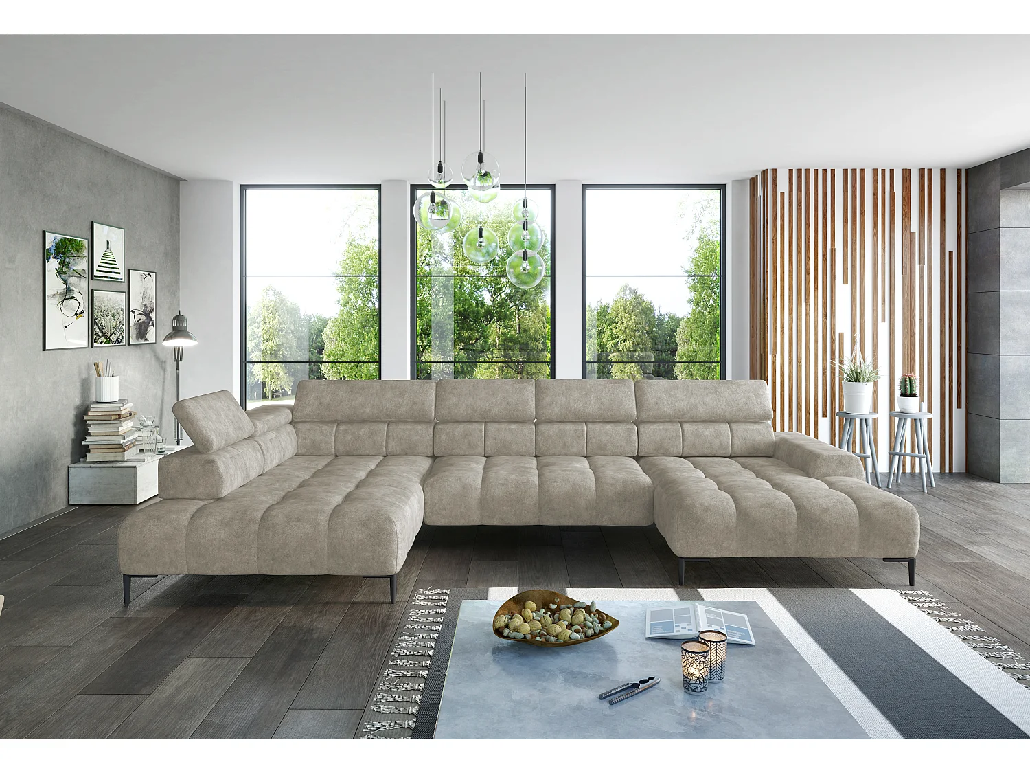 Plaza Ecksofa U-Form - Linke Seite, Schlaffunktion, Verstellbare Kopfstützen, Wellenfedersystem, Hochelastischer Schaum, 385x216 cm, Beige