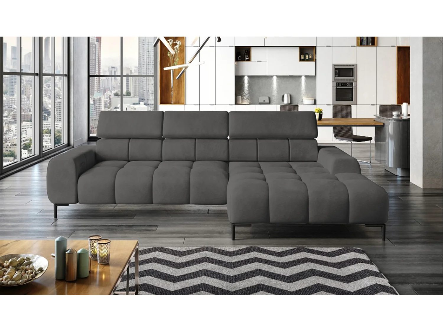 Canapé d'angle L-forme droite, canapé avec fonction couchage, 3 places, têtières réglables, MONOLITH, 177x270x99 cm, Gris foncé