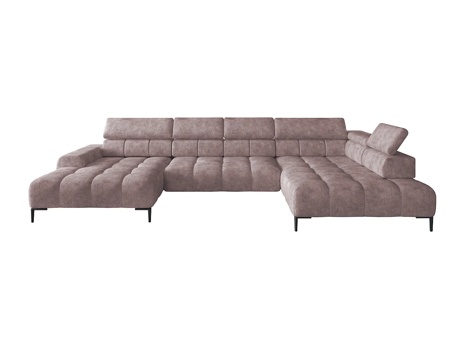 Plaza Sofa Narożna w układzie "U" - Prawa, Funkcja spania, Regulowane zagłówki i siedzisko, 385x216 cm, Pudrowy róż