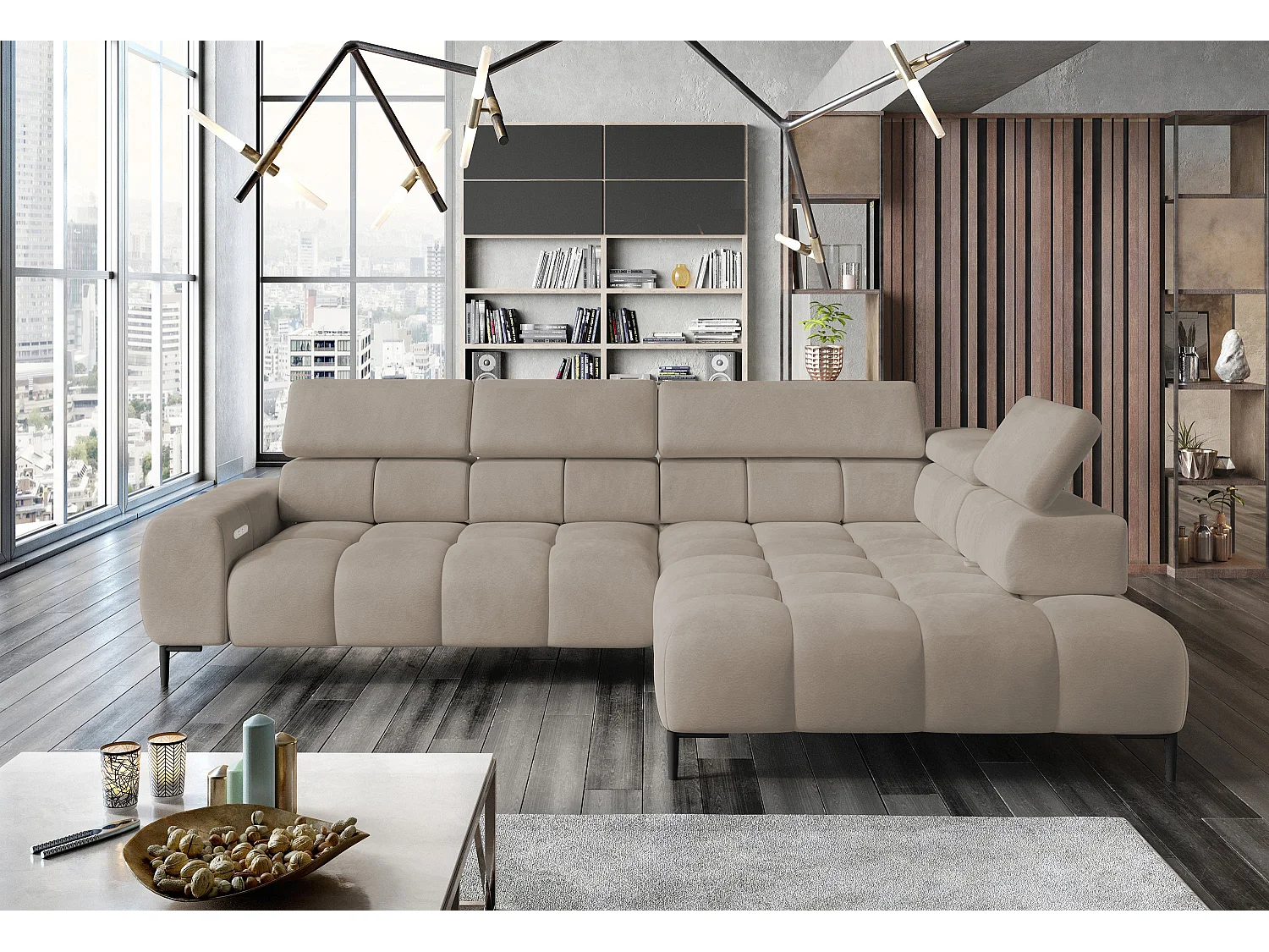 Hoeksalon PLAZA-L Stof SOLAR Hoekbank Inclusief Comfortabele Zachte Rugleuning Longchair Rechts Industrieel Stijl L-Vorm Rechts 300x99x216cm CREME