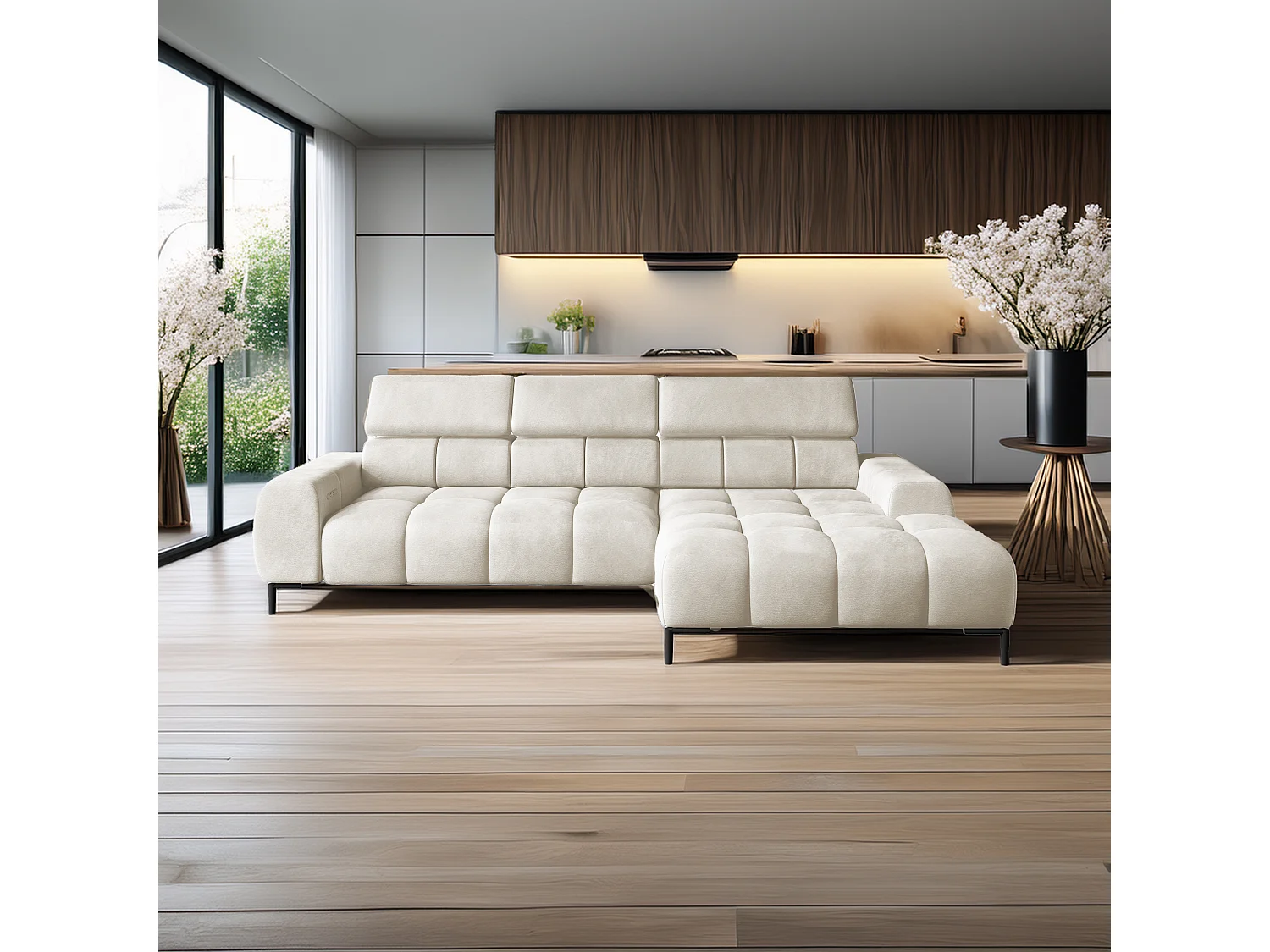 Hoeksalon PLAZA-MINI Stof SOLAR Longchair Rechts, Zachte Rugleuning, Industrieel Stijl, L-Vorm, 270x99x177cm, R-ESDOORN