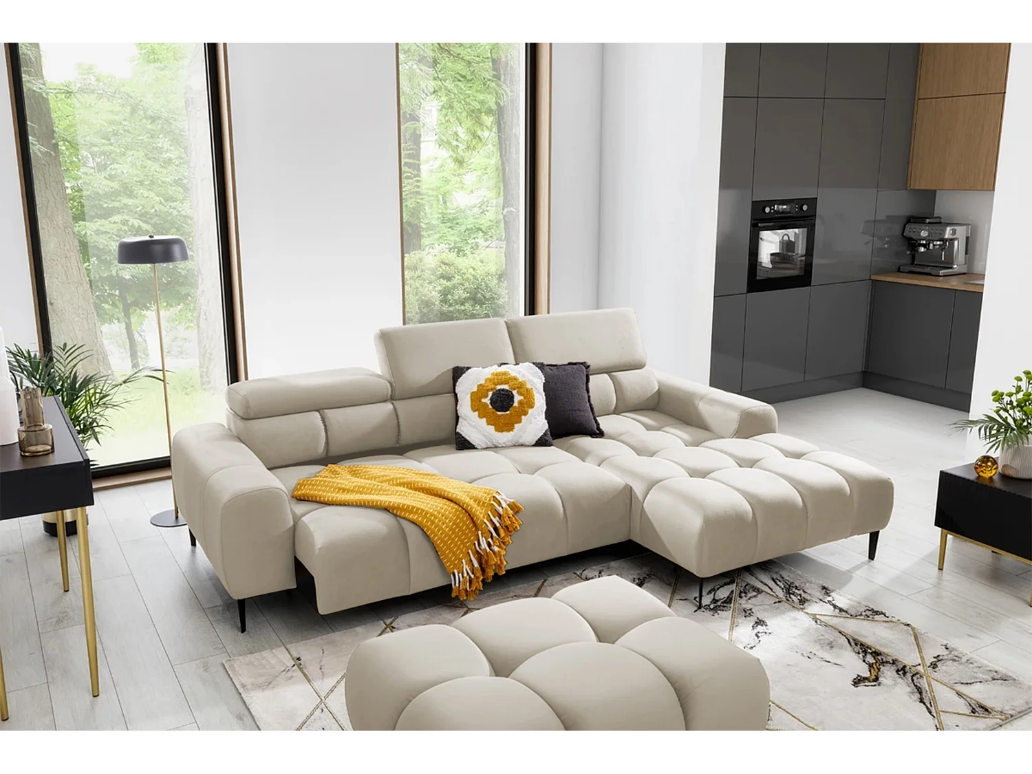 Hoeksalon PLAZA-MINI Stof SOLAR Longchair Rechts, Zachte Rugleuning, Industrieel Stijl, L-Vorm, 270x99x177cm, R-ESDOORN