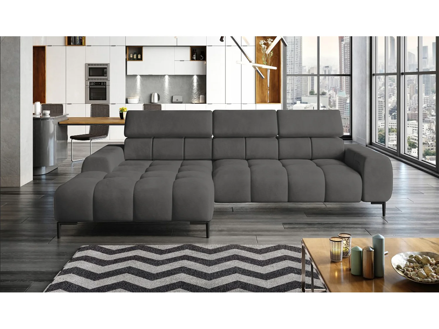 PlazaMINI PolstereckeL-Form Links, Hoekbank met Slaapfunctie, 3-zits, Verstelbare hoofdsteunen, MONOLITH, 177x270x99 cm, Donkergrijs