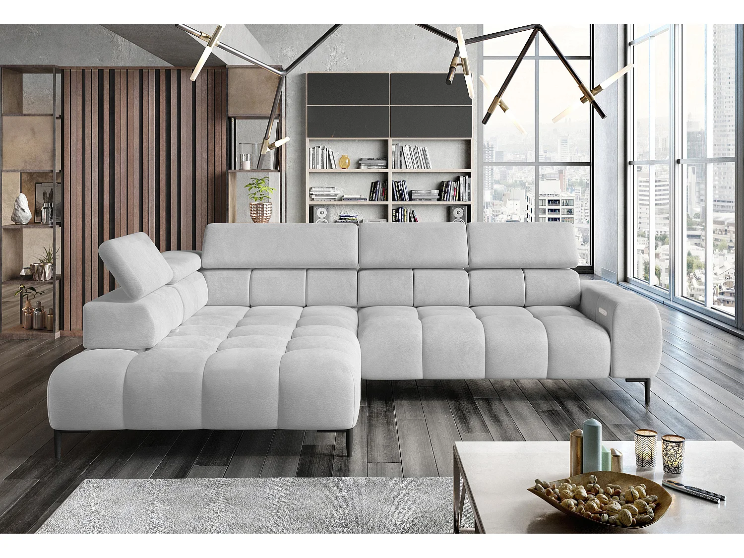 Narożnik PLAZA-L Stoff SOLAR, Sofe z Miękkim Oparciem, Longchair Lewy, Styl Industrialny, L-kształt, 300x99x216cm, Biały