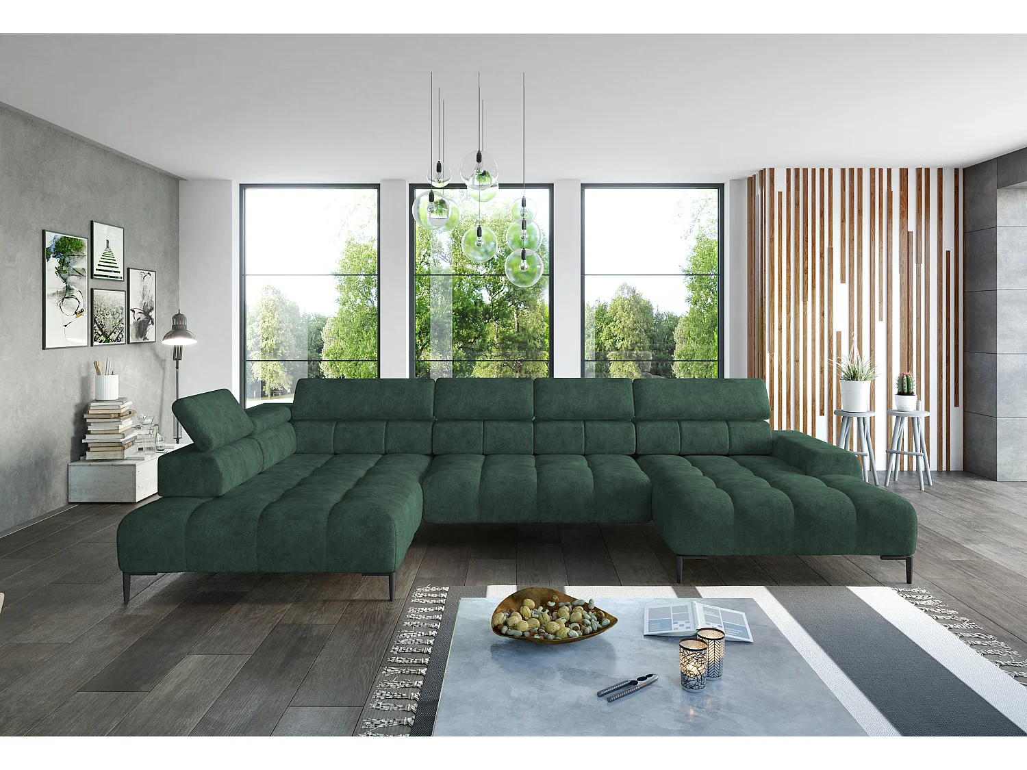 Plaza U-vormige Hoekbank - Rechterkant, Slaapfunctie, Verstelbare Hoofdkussens, Springensysteem, Hoog Elastische Schuim, 385x216 cm, Groen