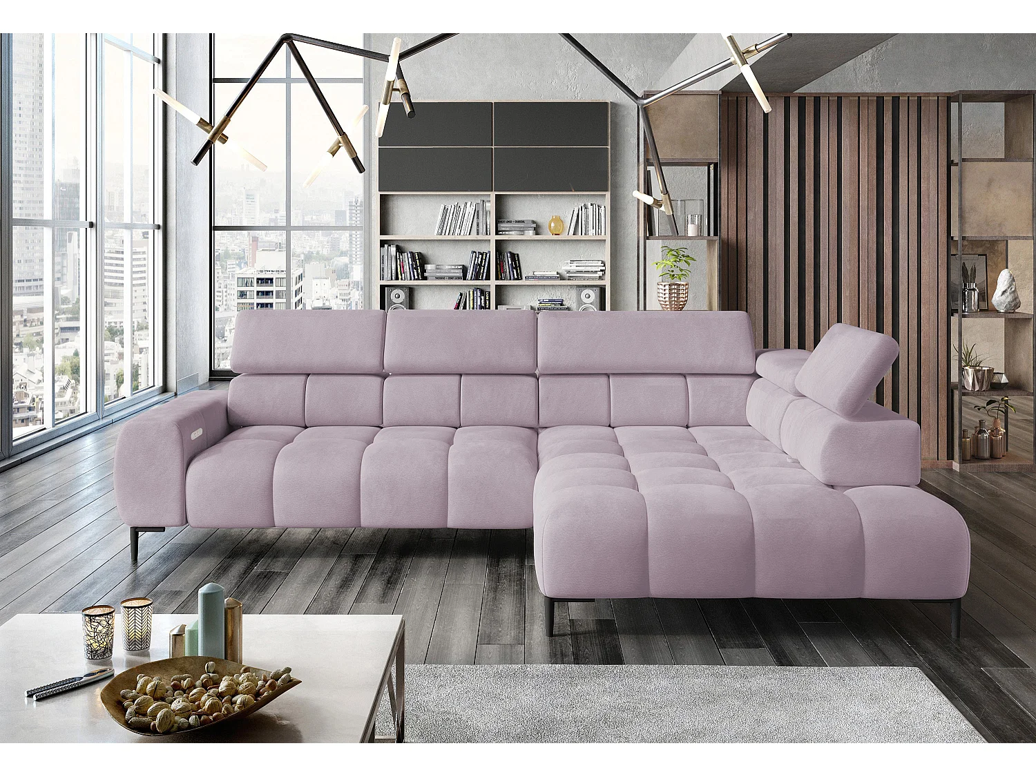 Narożnik PLAZA Stoff SOLAR, Sofe z Miękkim Oparciem, Longchair Prawy, Styl Industrialny, L-kształt, 300x99x216cm, Pudrowy Róż