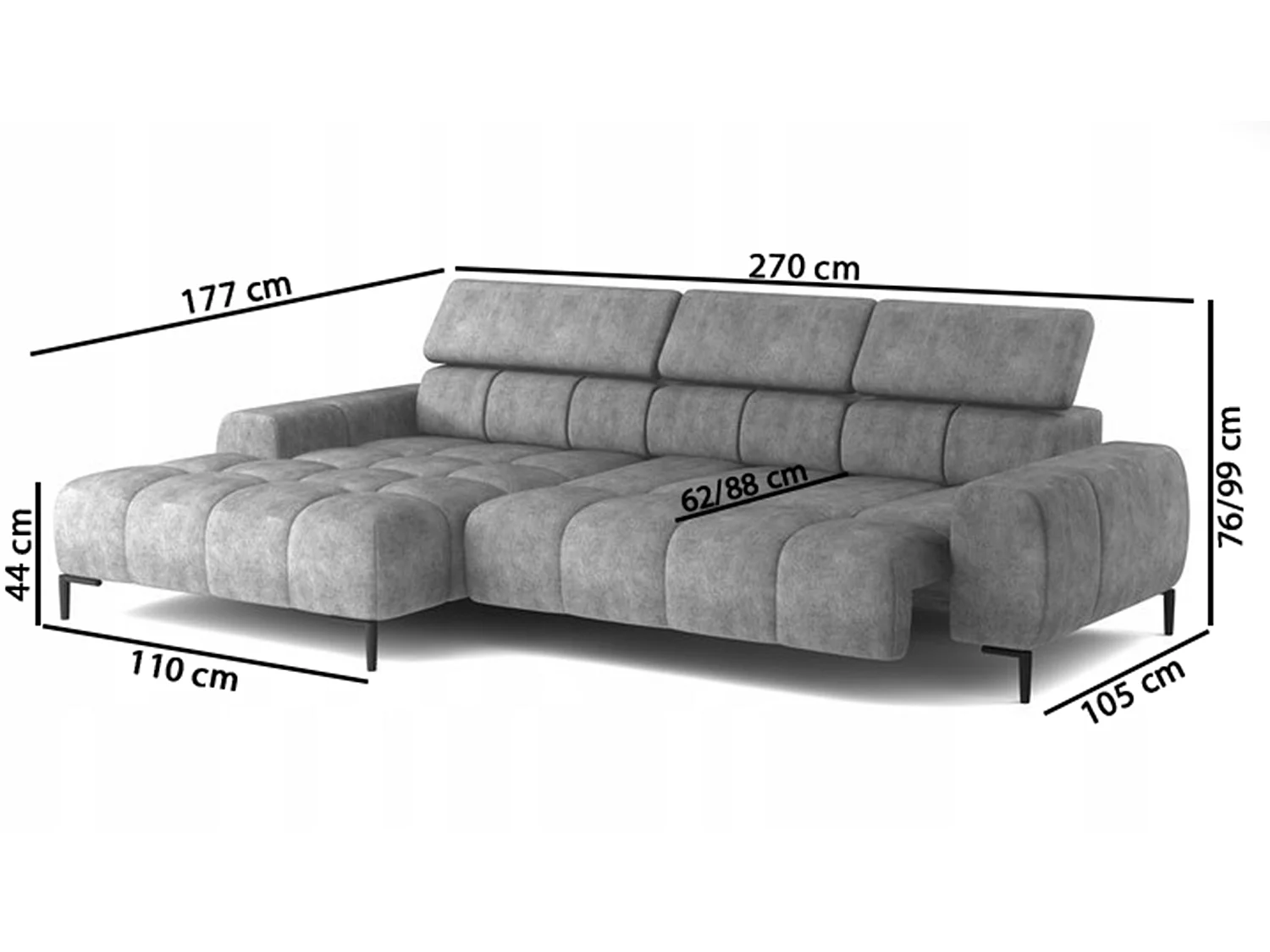 PlazaMINI Hoekbank L-Form Links, Bank met Slaapfunctie, 3-Zits, Verstelbare Hoofdkussens, Stof: SALVADOR, 177x270x99 cm, Donkerbruin