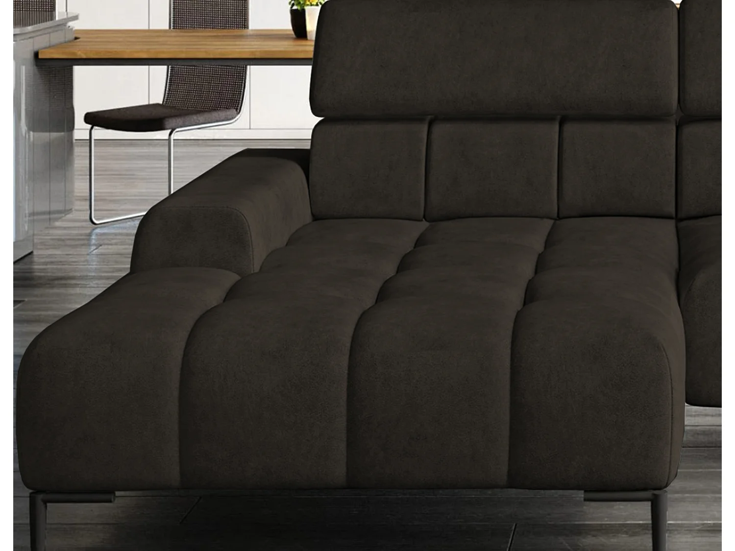 PlazaMINI Hoekbank L-Form Links, Bank met Slaapfunctie, 3-Zits, Verstelbare Hoofdkussens, Stof: SALVADOR, 177x270x99 cm, Donkerbruin