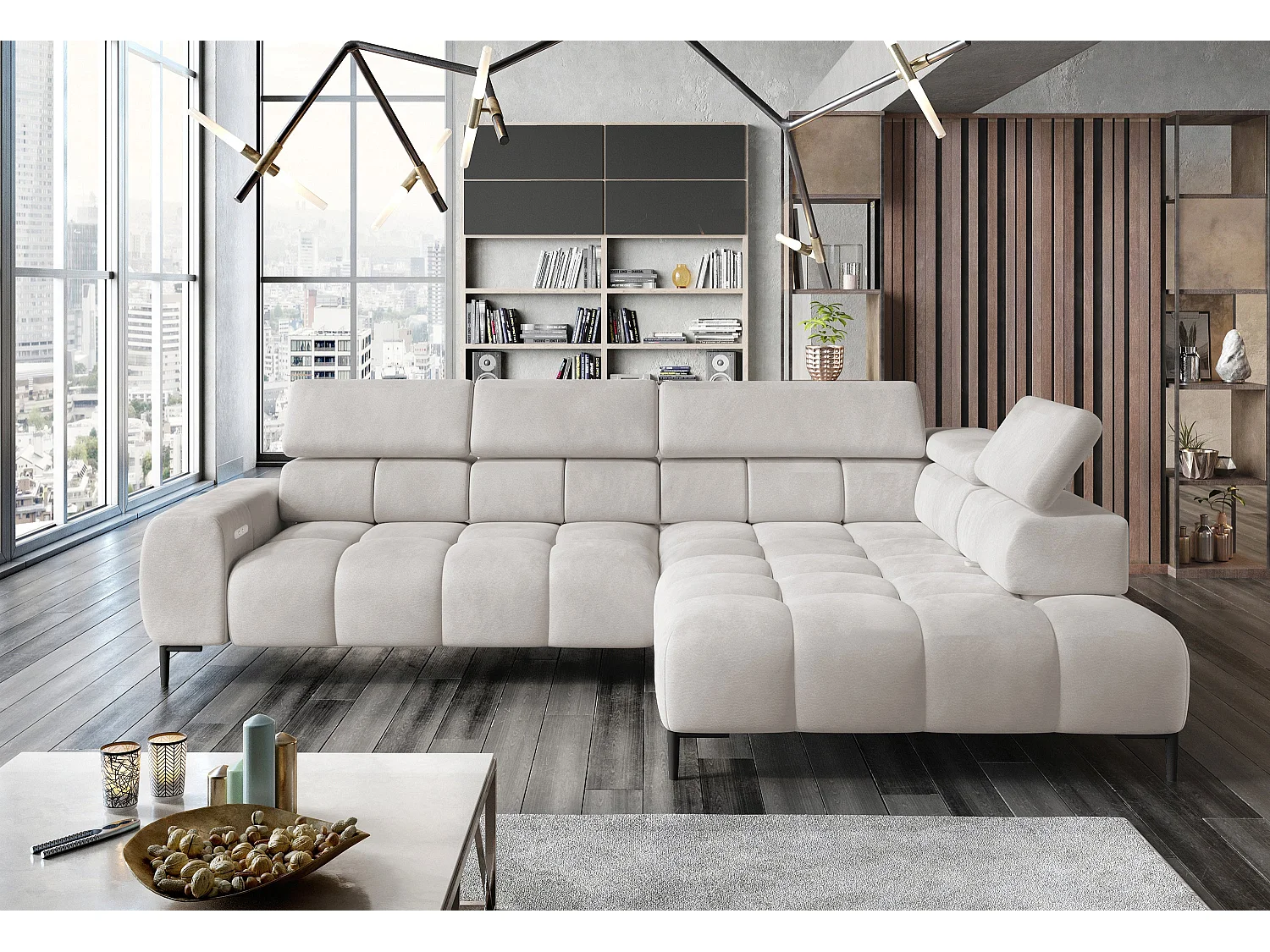 Narożnik PLAZA-L Stoff SOLAR, Sofe z Miękkim Oparciem, Longchair Prawy, Styl Industrialny, L-kształt, 300x99x216cm, Dąb