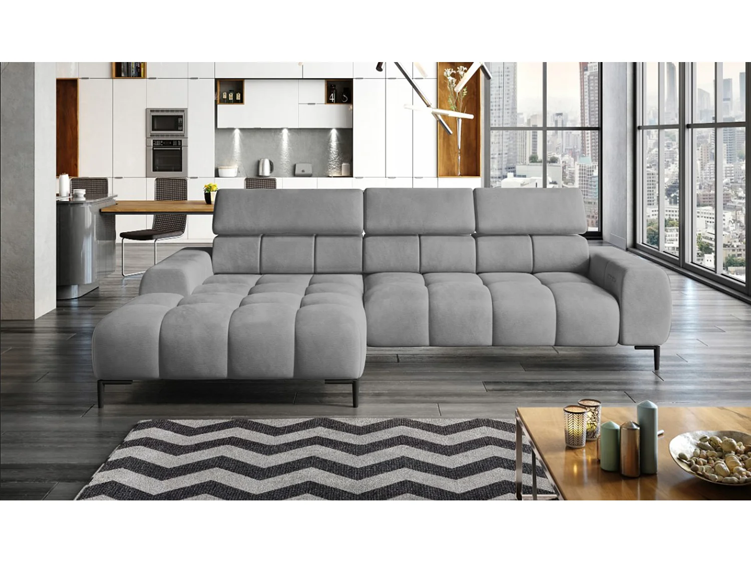 PlazaMINI Hoekbank L-Form Links, Bank met Slaapfunctie, 3-Zits, Verstelbare Hoofdkussens, Stof: SALVADOR, 177x270x99 cm, Grijs