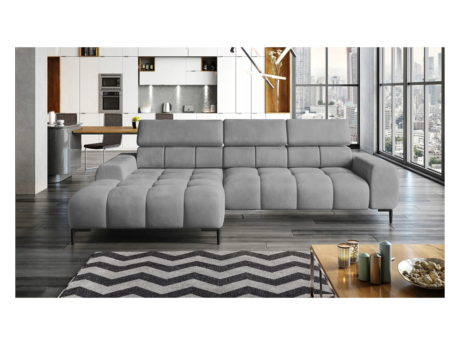 PlazaMINI Canapé d'angle L-forme Gauche, canapé avec fonction lit, 3 places, têtières réglables, tissu : SALVADOR, 177x270x99 cm, Gris