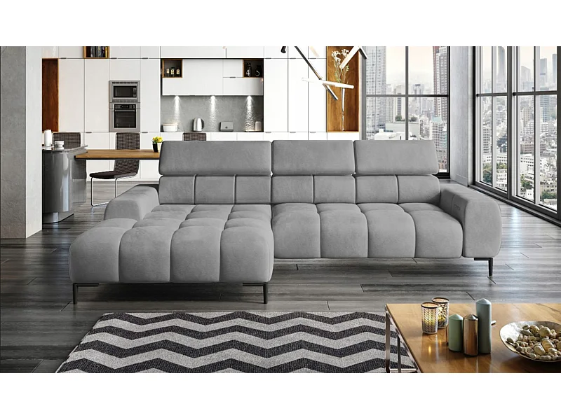 PlazaMINI Canapé d'angle L-forme Gauche, canapé avec fonction lit, 3 places, têtières réglables, tissu : SALVADOR, 177x270x99 cm, Gris