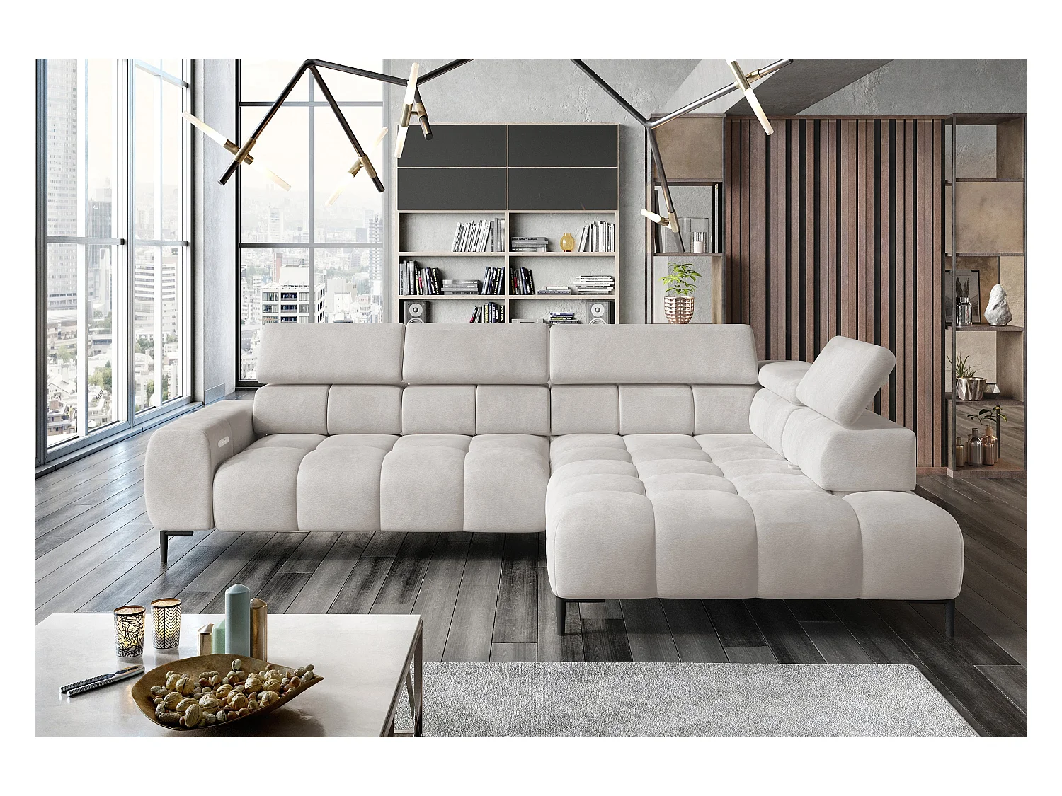 Canapé d'angle PLAZA-L tissu SOLAR, canapé avec dossier moelleux, méridienne gauche, style industriel, L-forme, 300x99x216cm, FRÊNE