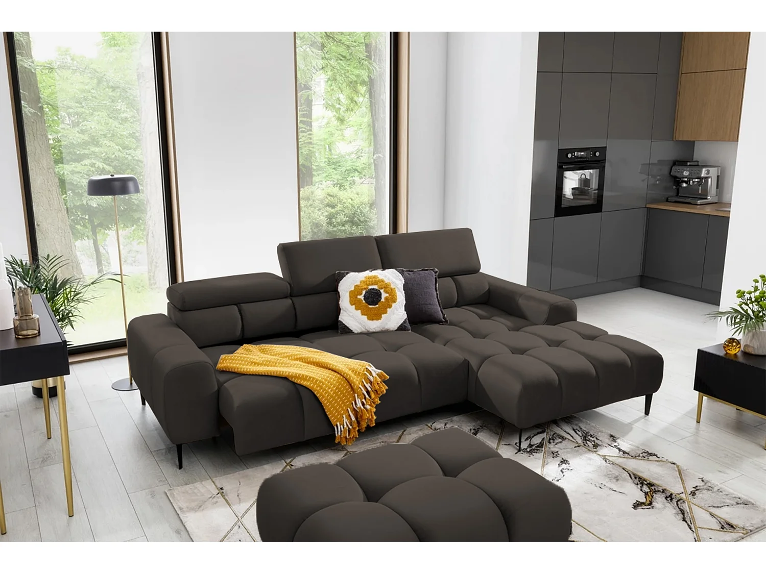 Narożnik PLAZA-MINI Stoff SOLAR Longchair Prawy, Miękkie Oparcie, Styl Industrialny, L-kształt, 270x99x177cm, Brąz