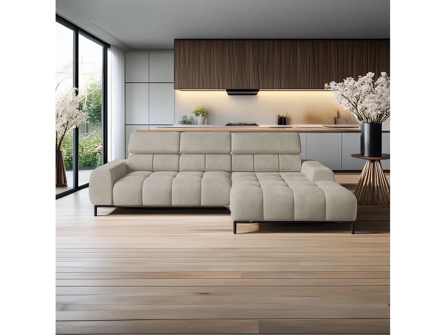 Hoeksalon PLAZA-MINI Stof SOLAR Longchair Rechts, Zachte Rugleuning, Industrieel Stijl, L-Vorm, 270x99x177cm, R-CREME