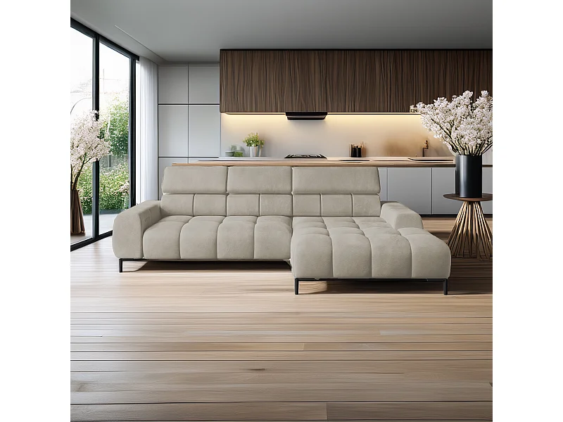 Narożnik PLAZA-MINI Stoff SOLAR Longchair Prawy, Miękkie Oparcie, Styl Industrialny, L-kształt, 270x99x177cm, Krem