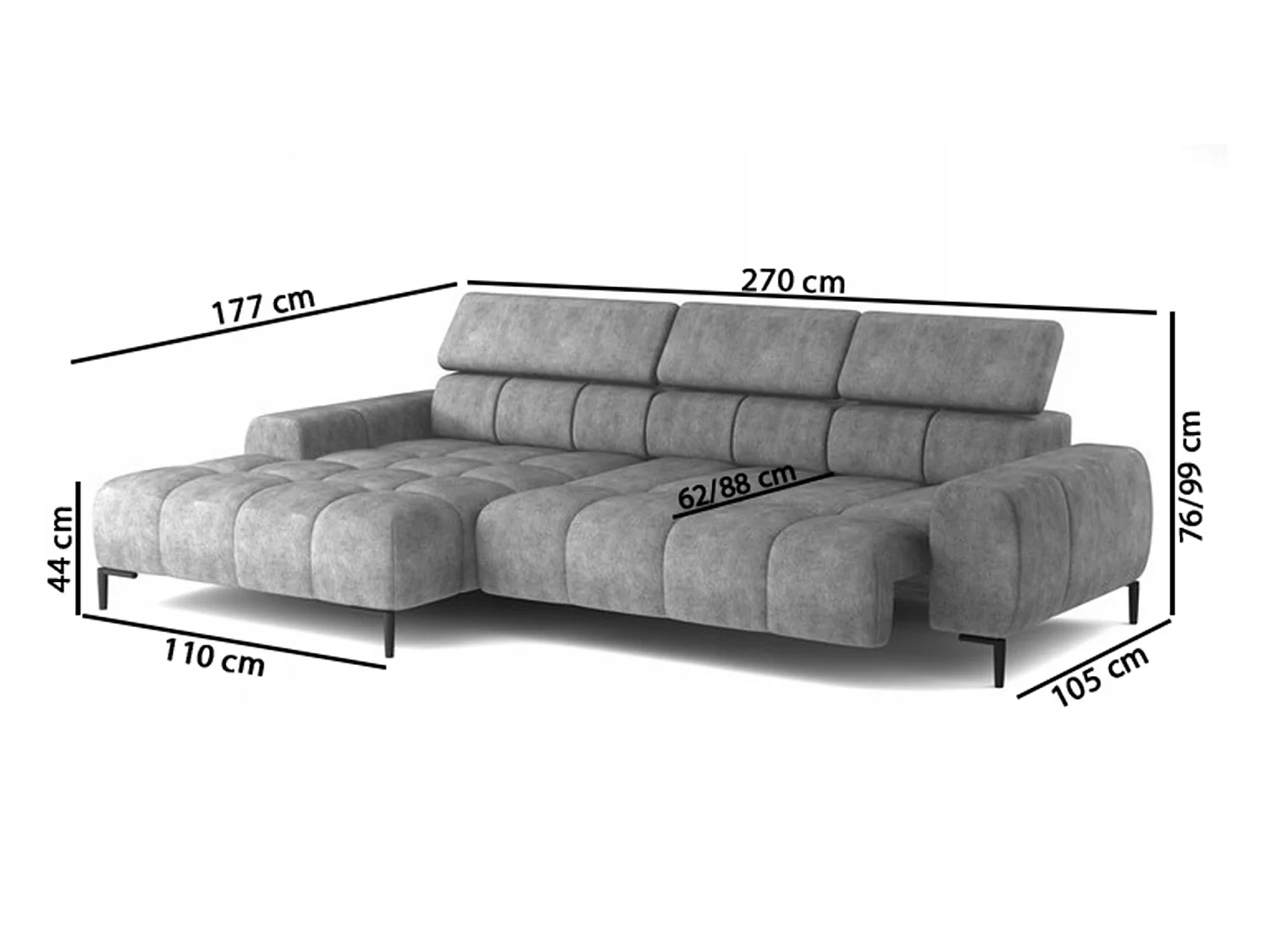 Canapé d'angle L-forme droite, canapé avec fonction couchage, 3 places, têtières réglables, MONOLITH, 177x270x99 cm, Bourgogne
