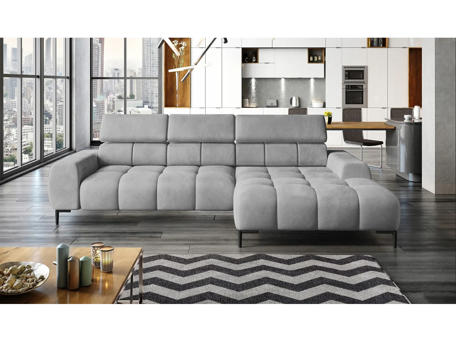 PlazaMINI Polsterecke L-Form Rechts, Ecksofa mit Schlaffunktion, 3-Sitzer, verstellbare Kopfstützen, MONOLITH, 177x270x99 cm, Hellgrau