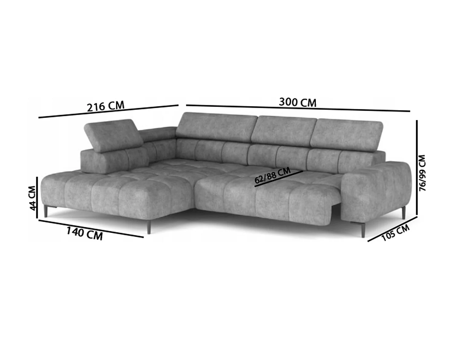 Narożnik PLAZA-L Prawy Funkcjonalny Wygodna Funkcja Spania Regulowane Oparcia Regulowany Siedzisko System Sprężyn 300x216x99cm Granatowy