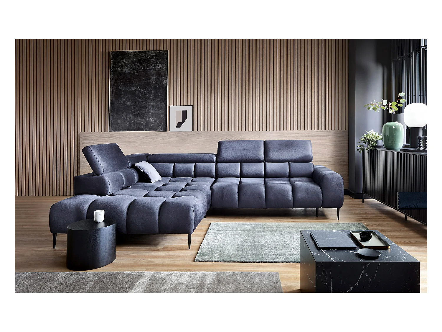 Canapé d'angle PLAZA-L droite Fonctionnel Confortable avec fonction lit Têtières réglables Assise réglable 300x216x99 cm Bleu marine