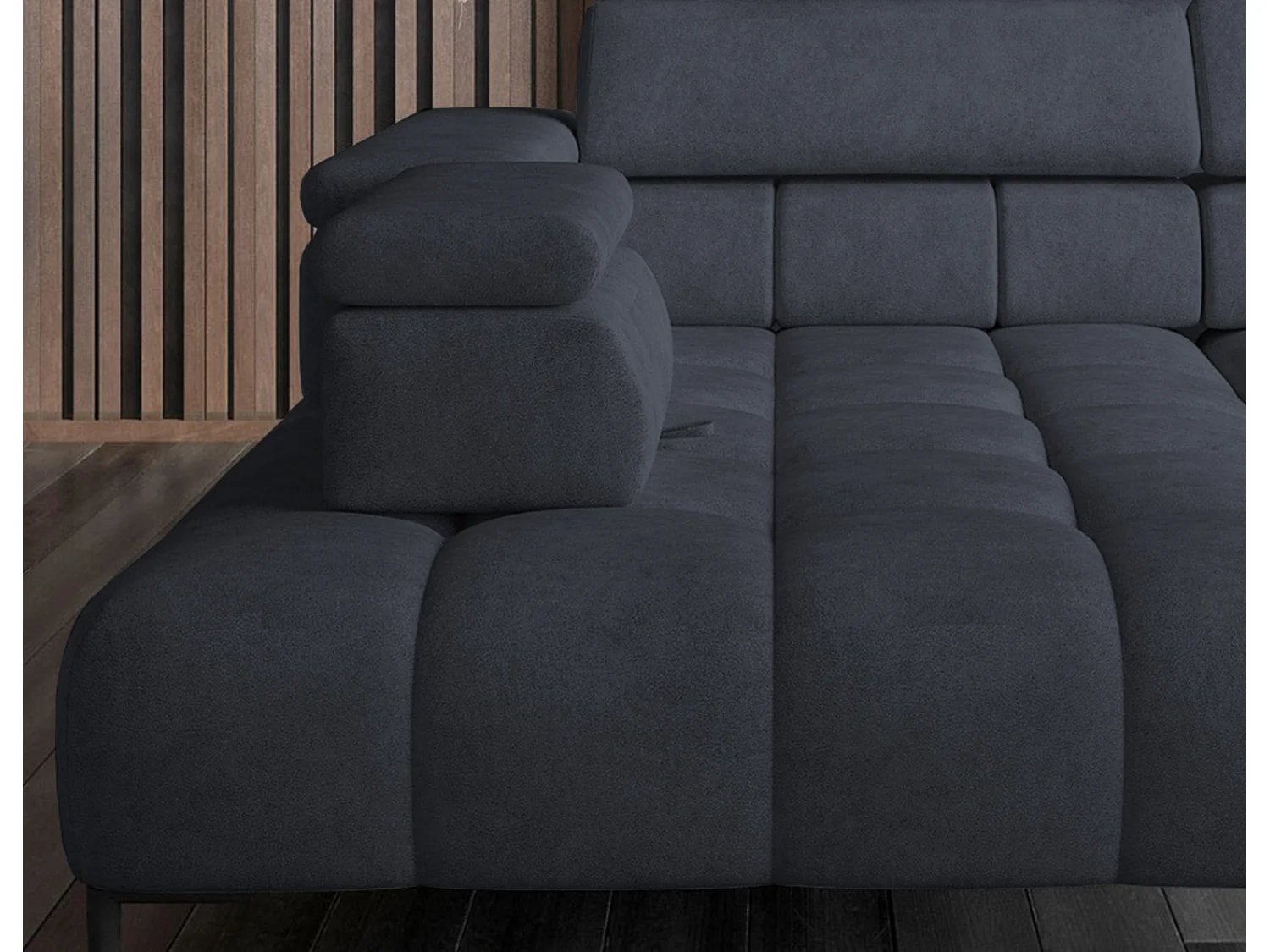 Canapé d'angle PLAZA-L droite Fonctionnel Confortable avec fonction lit Têtières réglables Assise réglable 300x216x99 cm Bleu marine