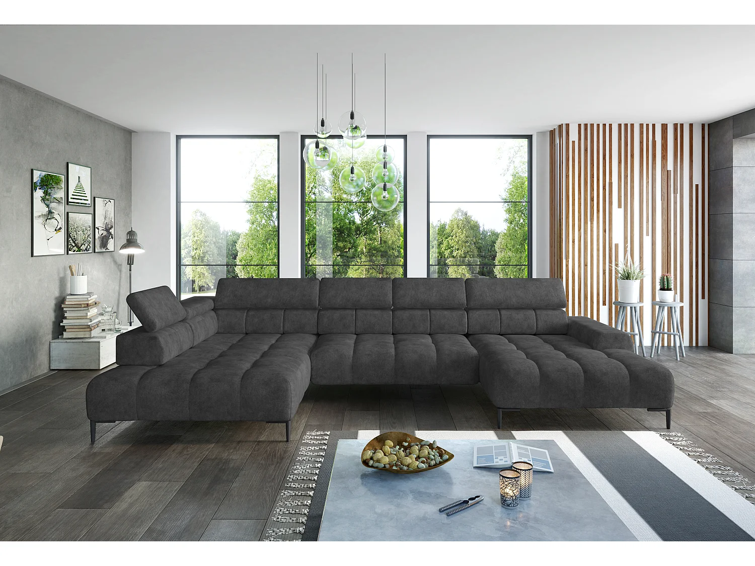 Plaza Sofa Narożna w układzie "U" - Prawa, Funkcja spania, Regulowane zagłówki i siedzisko, 385x216 cm, Grafitowa