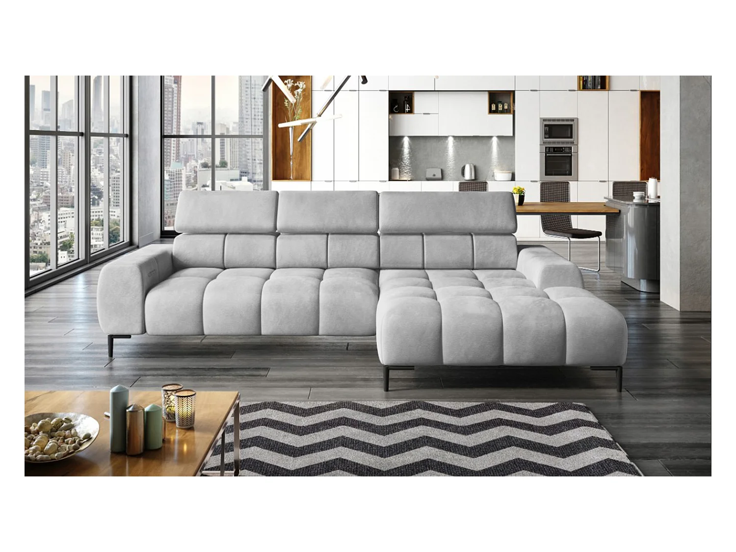 PlazaMINI Canapé d'angle L-forme Droit, canapé avec fonction lit, 3 places, têtières réglables, tissu : SALVADOR, 177x270x99 cm, Argent