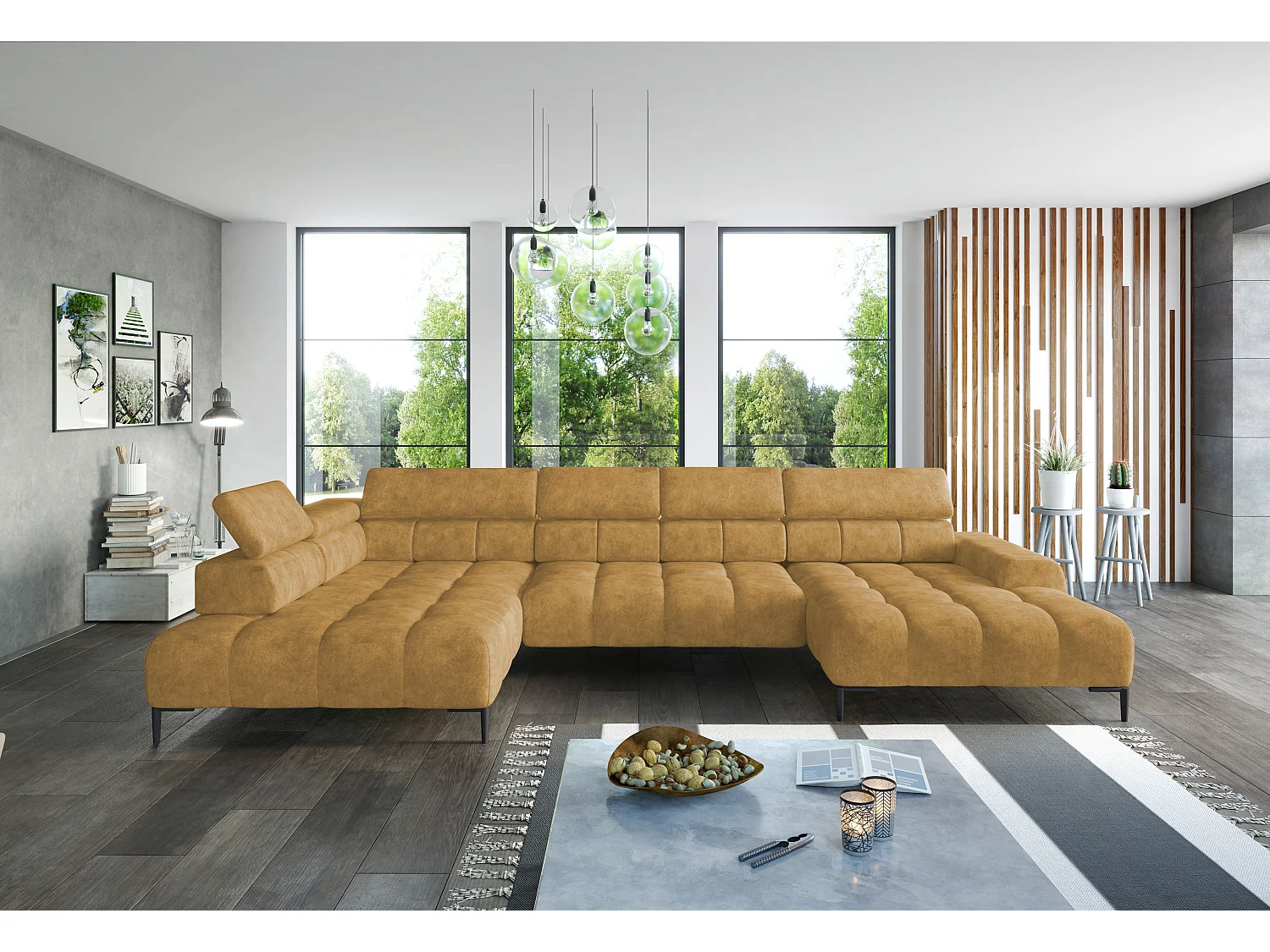 Plaza Sofa Narożna w układzie "U" - Prawa, Funkcja spania, Regulowane zagłówki i siedzisko, 385x216 cm, Złota