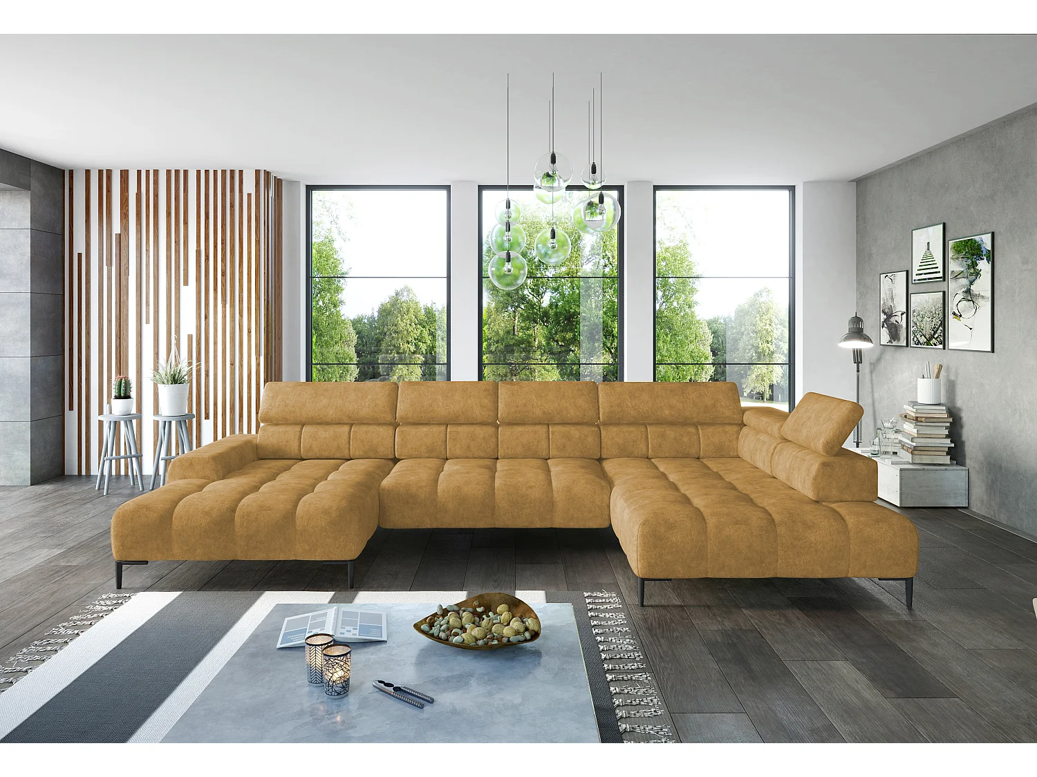 Canapé d'angle Plaza en forme de U - Côté droit, Fonctionnel, Couchage confortable, Têtières réglables, Assise réglable 385x216 cm, Or