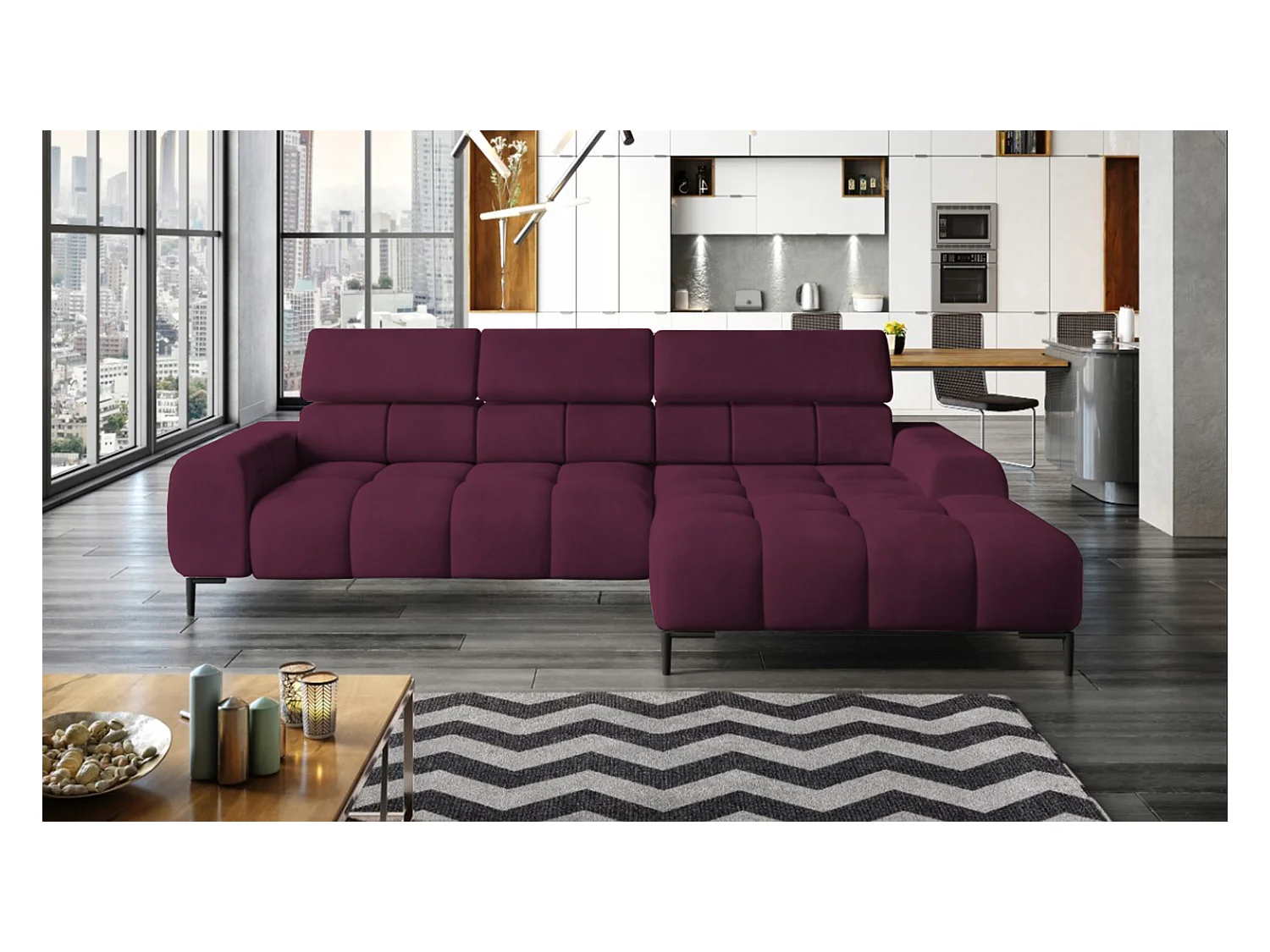 PlazaMINI Canapé d'angle L-forme Droit, canapé avec fonction lit, 3 places, têtières réglables, tissu : SALVADOR, 177x270x99 cm, Bordeaux