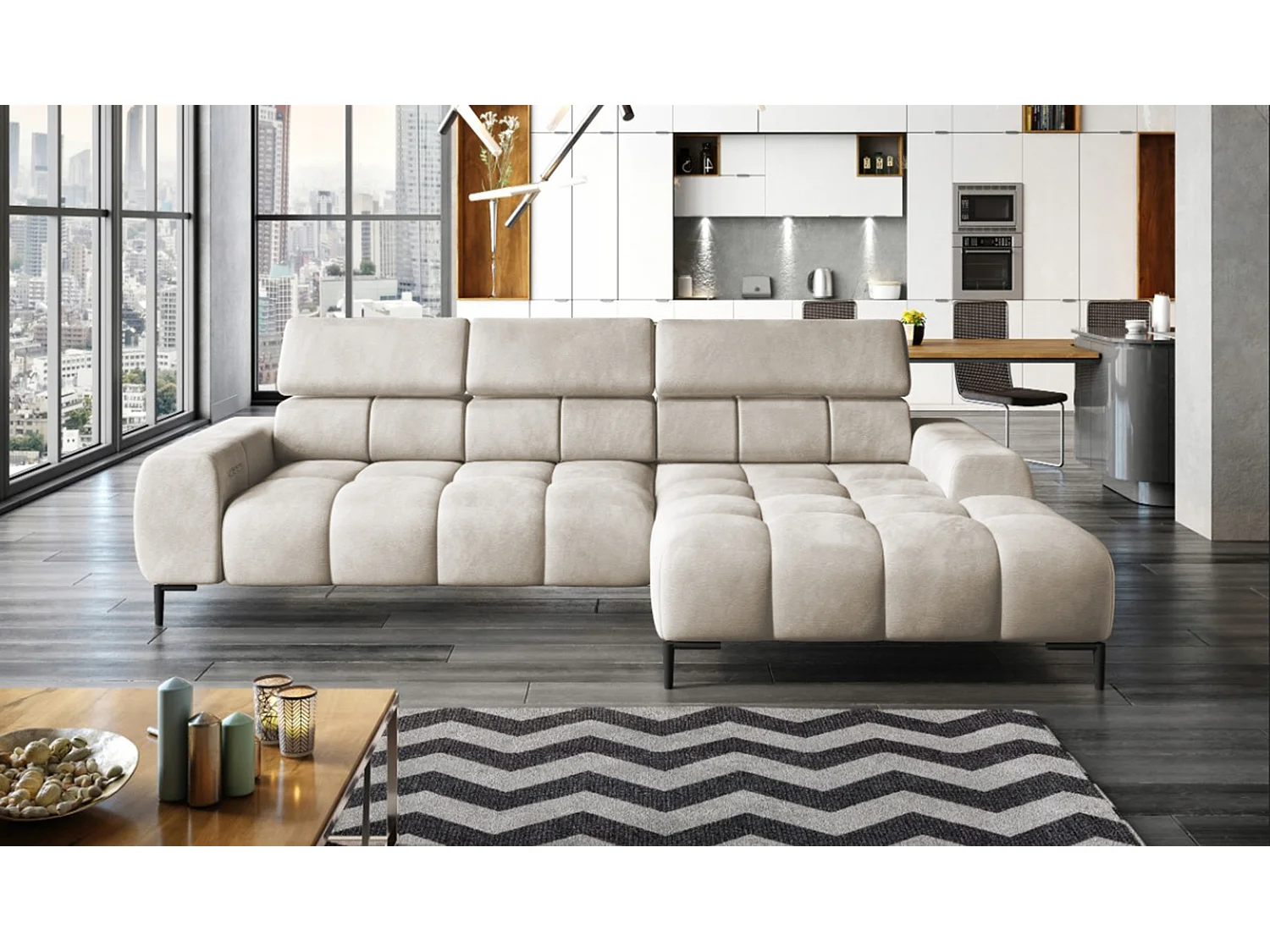 PlazaMINI PolstereckeL-Form Rechts, Hoekbank met Slaapfunctie, 3-zits, Verstelbare hoofdsteunen, MONOLITH, 177x270x99 cm, Beige