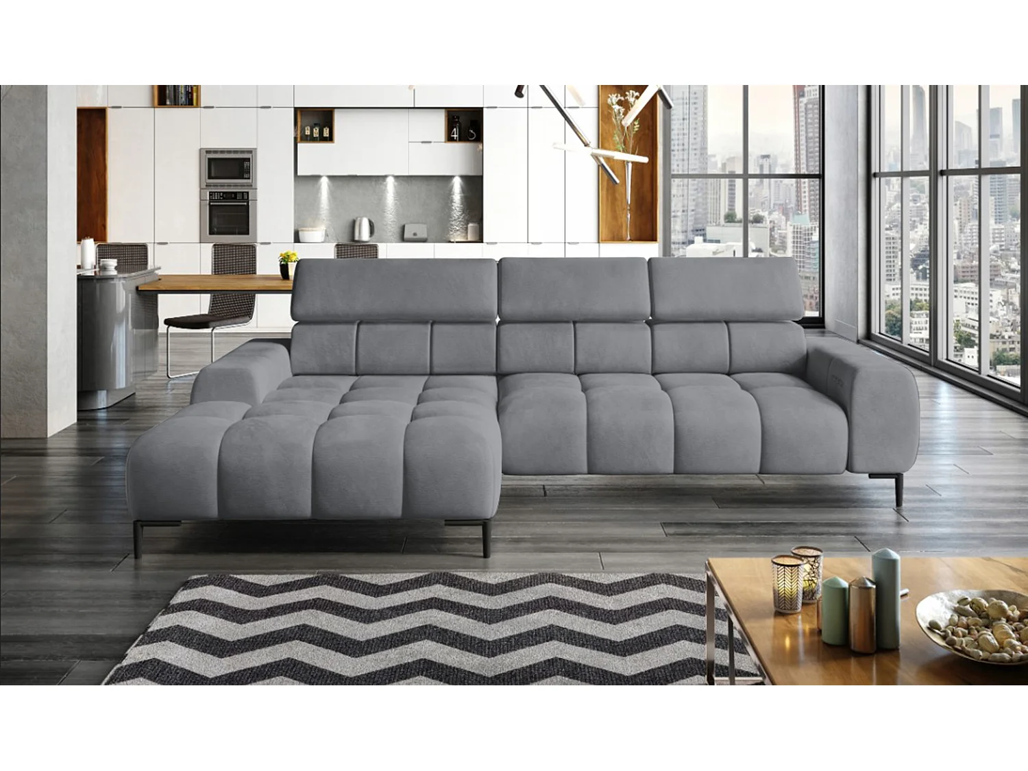 PlazaMINI PolstereckeL-Form Links, Hoekbank met Slaapfunctie, 3-zits, Verstelbare hoofdsteunen, MONOLITH, 177x270x99 cm, Grijs