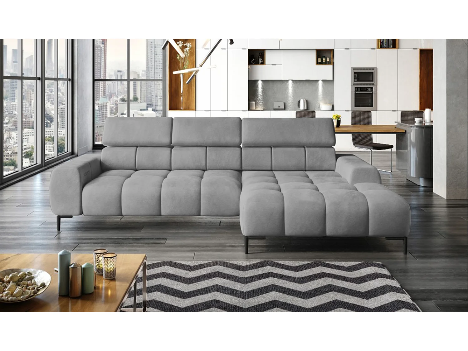 PlazaMINI Narożnik L-Form Prawy, Sofa z Funkcją Spania, 3-osobowa, Regulowane Oparcia, Tkanina: SALVADOR, 177x270x99 cm, Szary