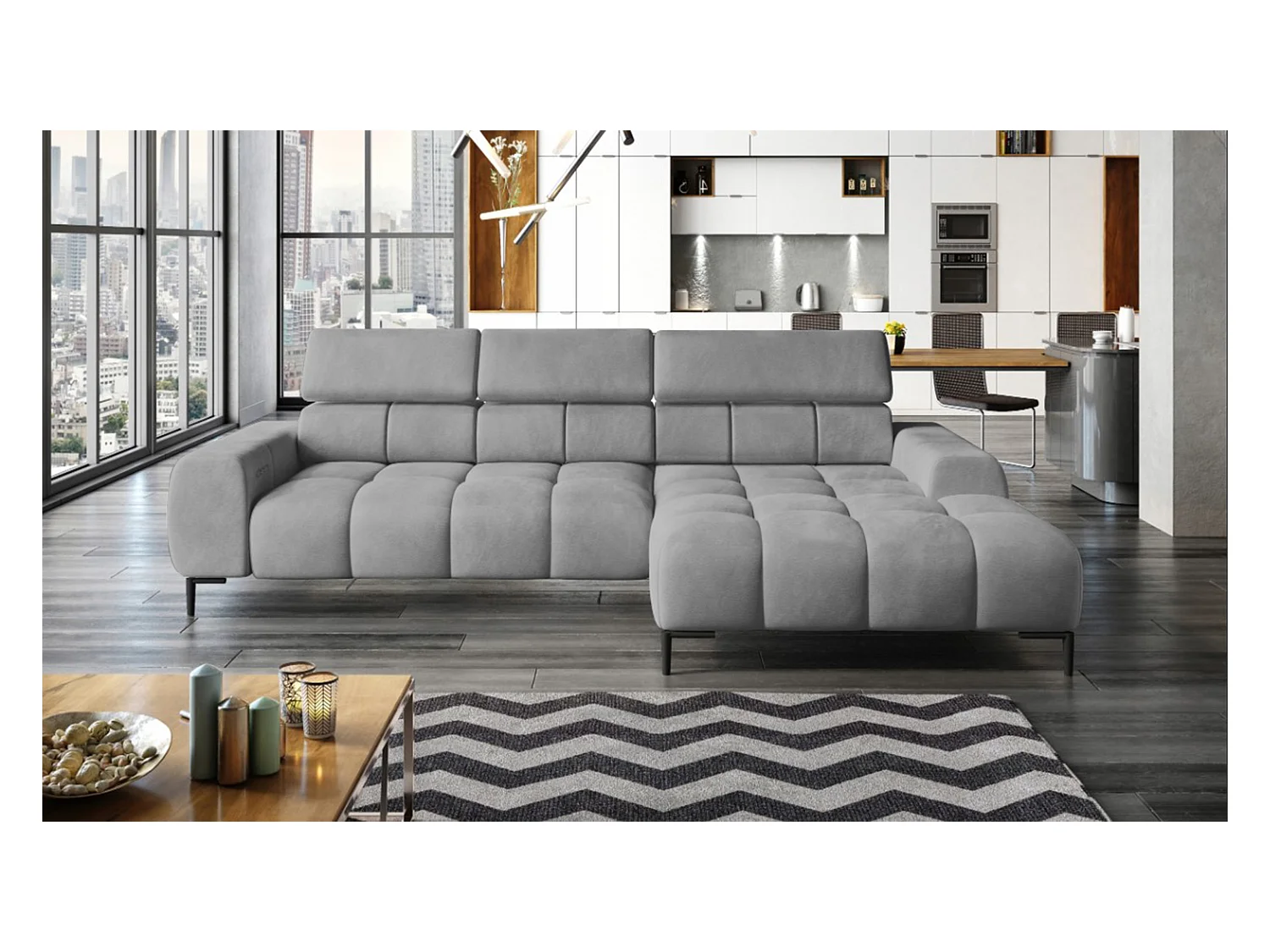 PlazaMINI Canapé d'angle L-forme Droit, canapé avec fonction lit, 3 places, têtières réglables, tissu : SALVADOR, 177x270x99 cm, Gris