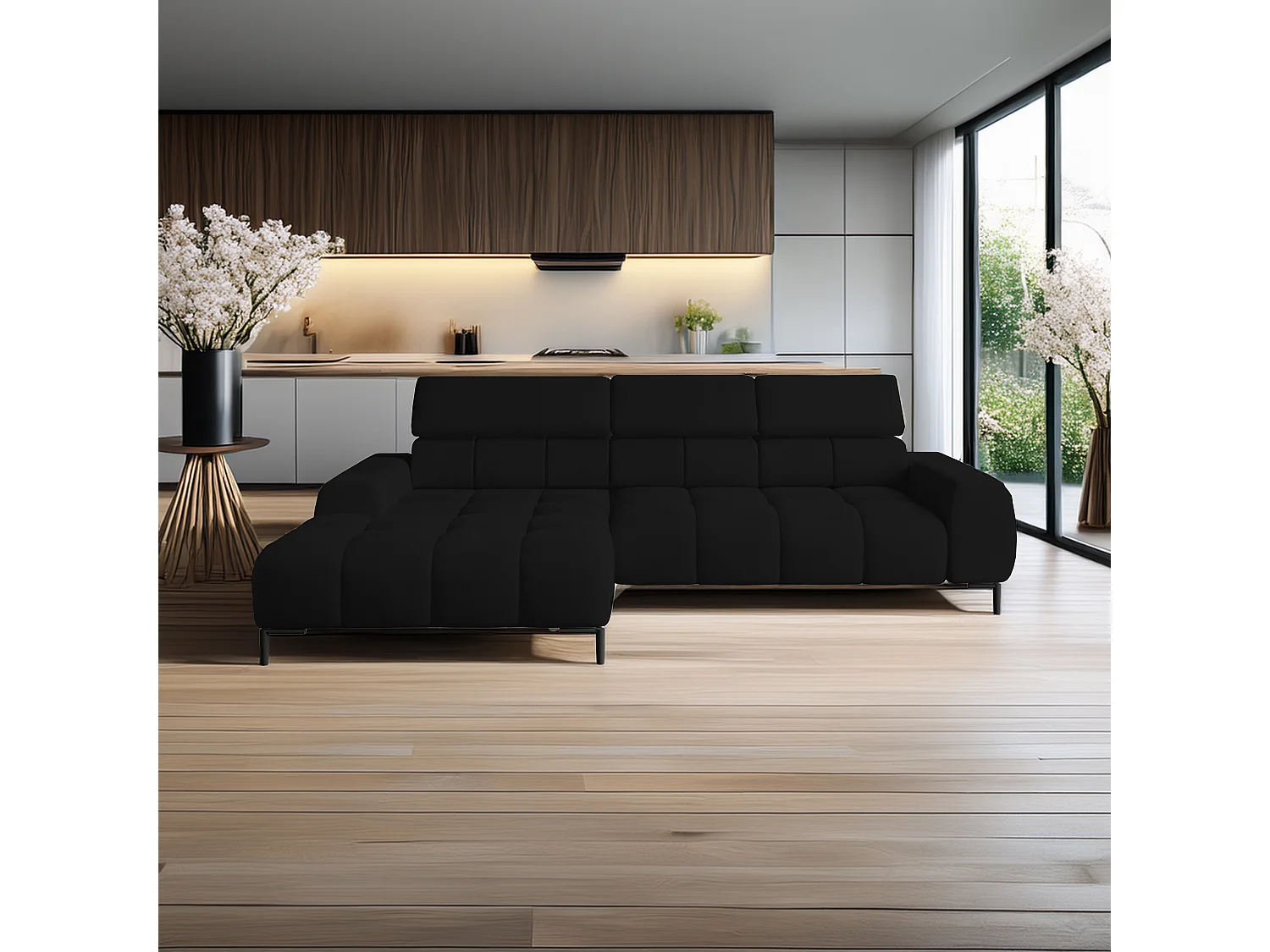 Ecksofa PLAZA-MINI Stoff SOLAR Longchair Links, Flauschige Rückenlehne, Industrial Style, L-Form, 270x99x177cm, L-SCHWARZ