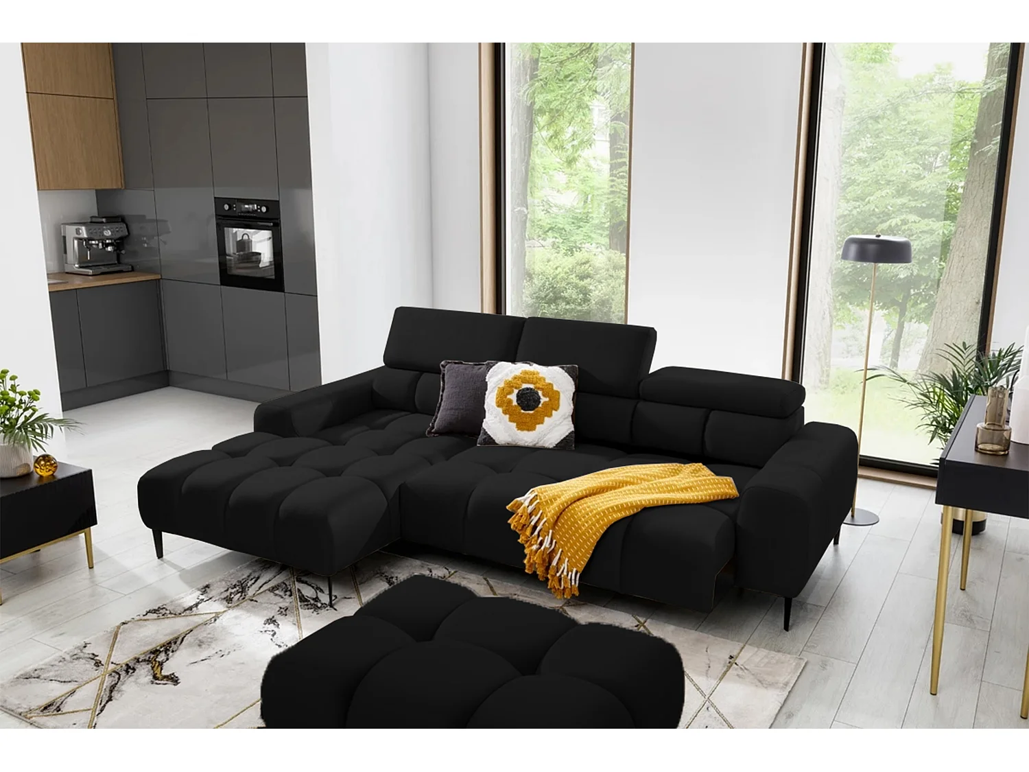 Ecksofa PLAZA-MINI Stoff SOLAR Longchair Links, Flauschige Rückenlehne, Industrial Style, L-Form, 270x99x177cm, L-SCHWARZ