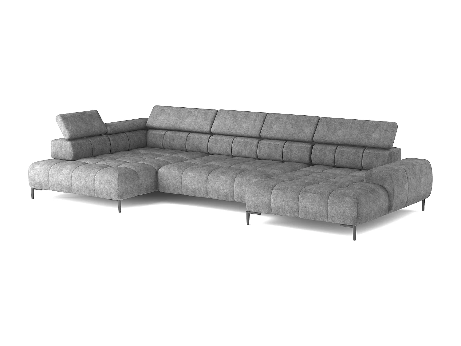 Plaza Sofa Narożna w układzie "U" - Prawa, Funkcja spania, Regulowane zagłówki i siedzisko, 385x216 cm, Szara