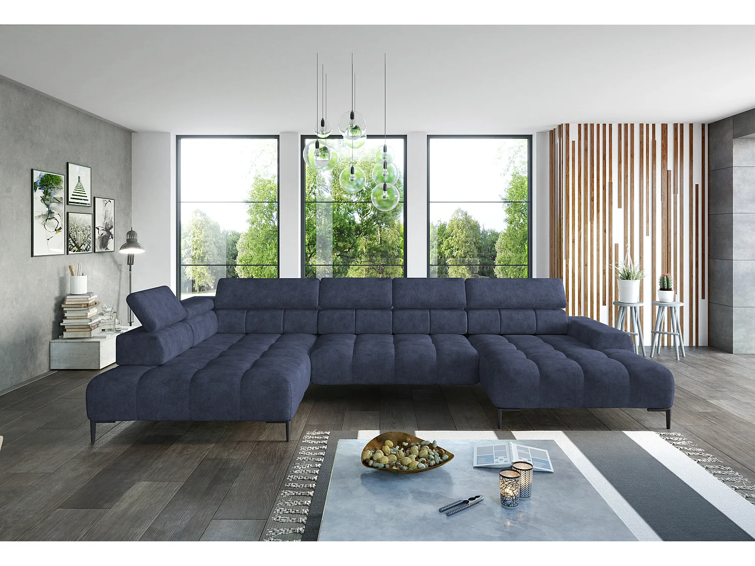 Plaza U-vormige Hoekbank - Linkerkant, Slaapfunctie, Verstelbare Hoofdkussens, Springensysteem, Hoog Elastische Schuim, 385x216 cm, Blauw