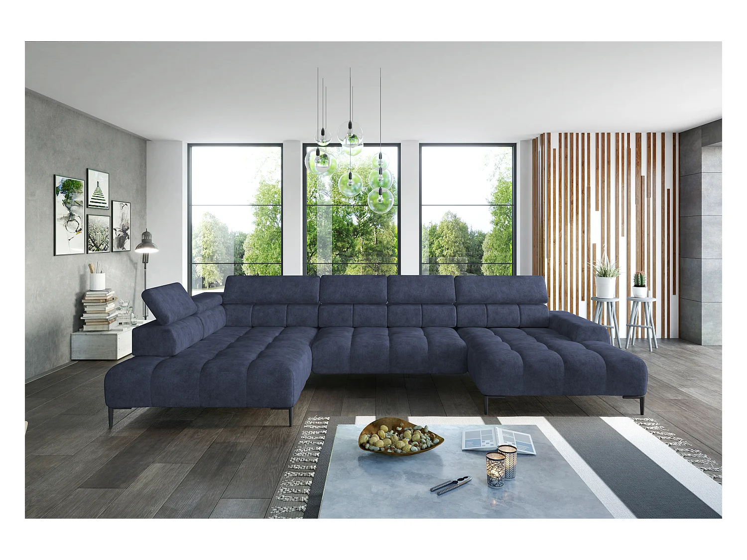 Canapé d'angle Plaza en forme de U - Côté gauche, Fonctionnel, Couchage confortable, Têtières réglables, Assise réglable 385x216 cm, Bleu