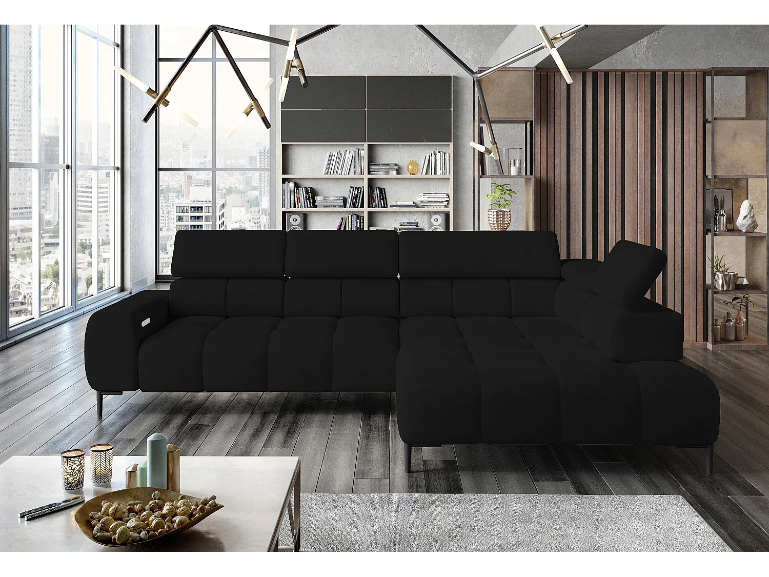 Hoeksalon PLAZA-L Stof SOLAR Hoekbank Inclusief Comfortabele Zachte Rugleuning Longchair Rechts Industrieel Stijl L-Vorm Rechts 300x99x216cm ZWART