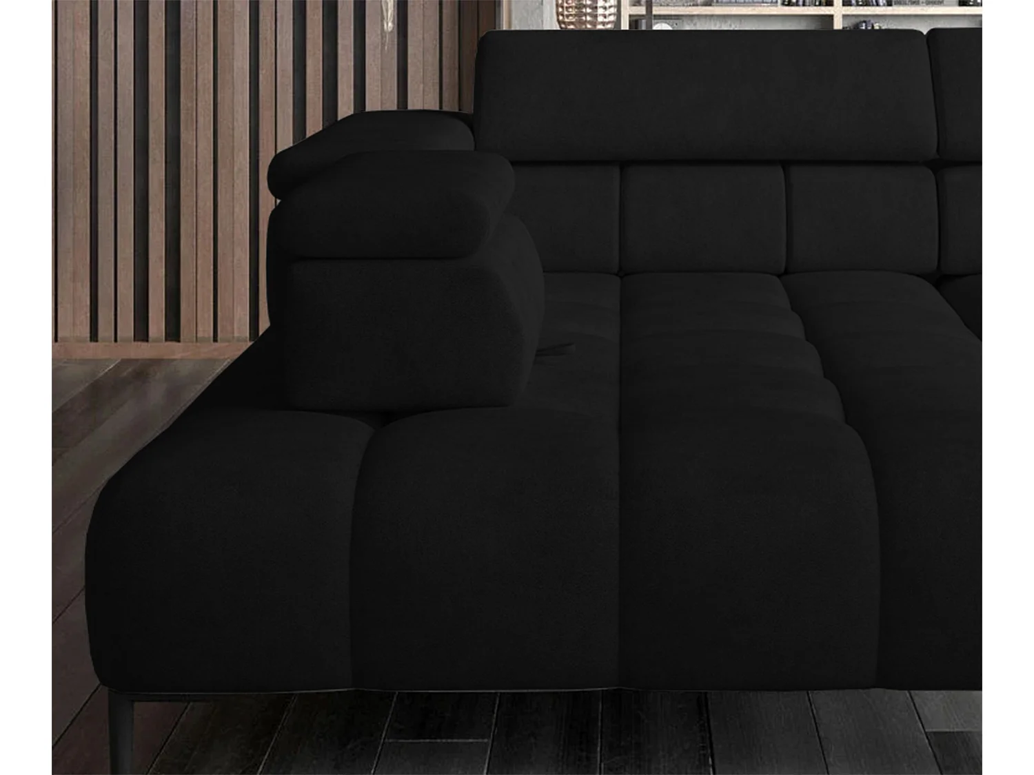 Hoeksalon PLAZA-L Stof SOLAR Hoekbank Inclusief Comfortabele Zachte Rugleuning Longchair Rechts Industrieel Stijl L-Vorm Rechts 300x99x216cm ZWART