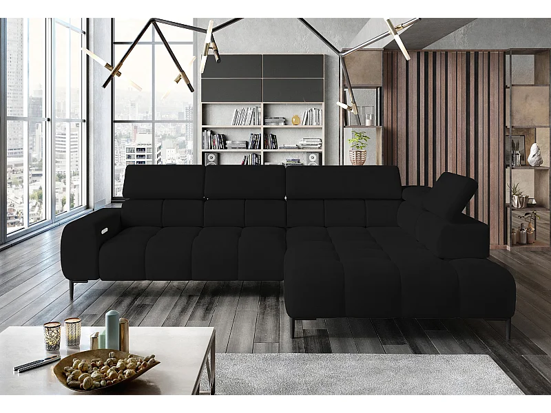 Canapé d'angle PLAZA-L tissu SOLAR, canapé avec dossier moelleux, méridienne droite, style industriel, L-forme, 300x99x216cm, NOIR