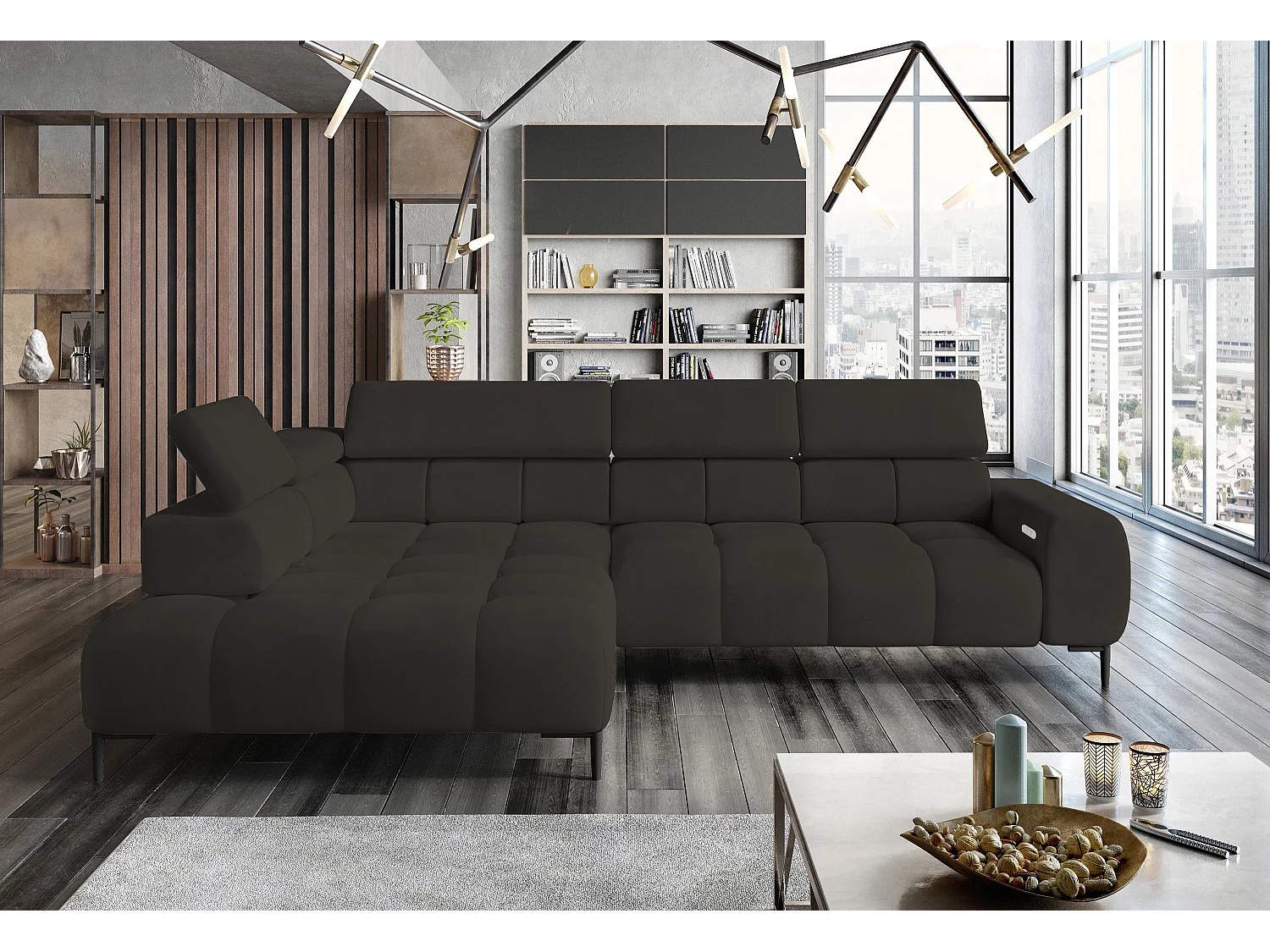 Hoeksalon PLAZA-L Stof SOLAR Hoekbank Inclusief Comfortabele Zachte Rugleuning Longchair Links Industrieel Stijl L-Vorm Links 300x99x216cm BRONZE