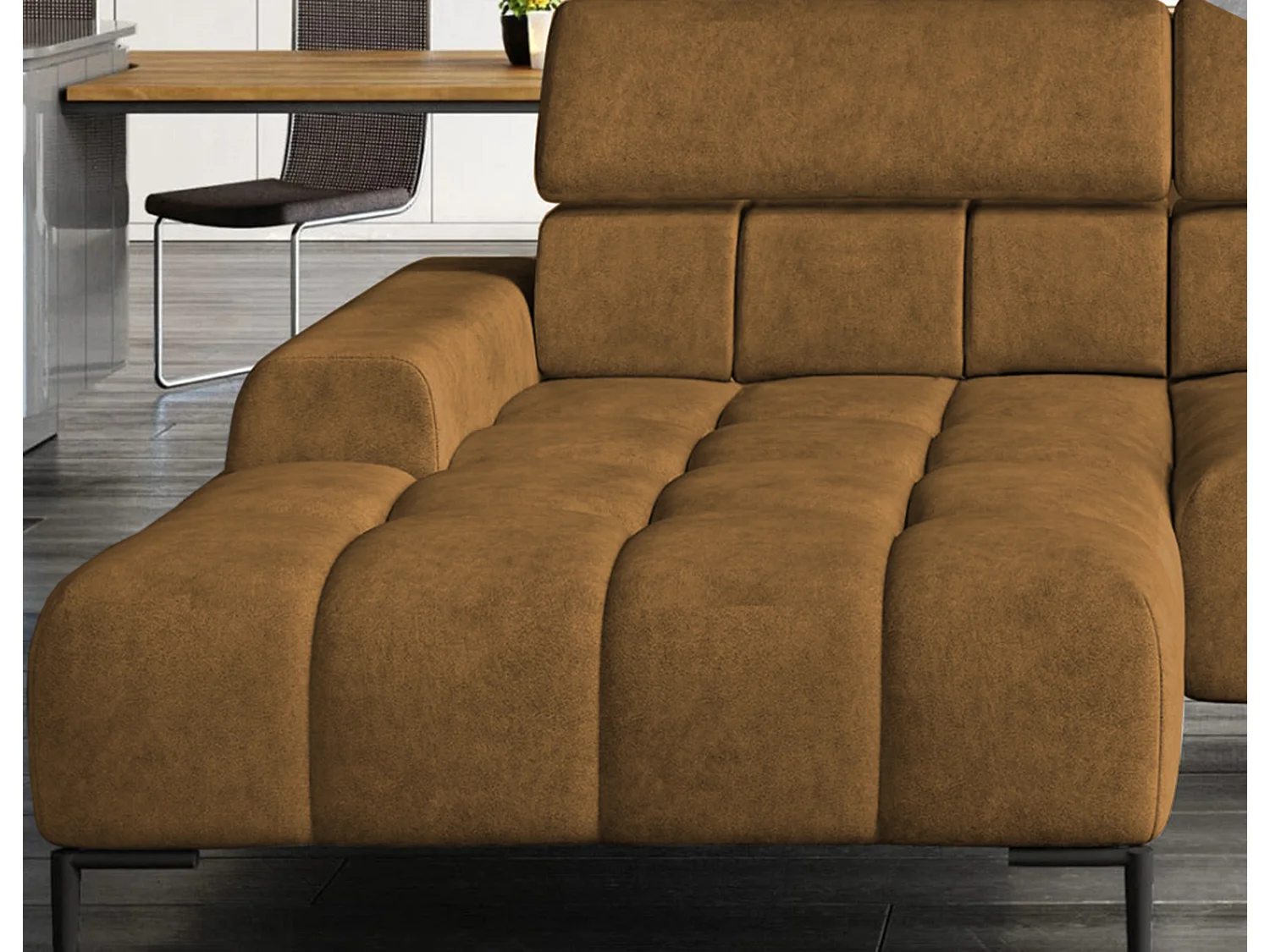 PlazaMINI PolstereckeL-Form Links, Hoekbank met Slaapfunctie, 3-zits, Verstelbare hoofdsteunen, MONOLITH, 177x270x99 cm, Goud