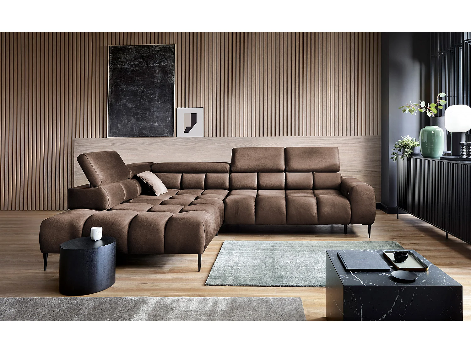 Ecksofa PLAZA-L Linke Funktional Komfortable Schlaffunktion Verstellbare Kopfstützen Verstellbarer Sitz Wellenfedersystem 300x216x99cm Braun