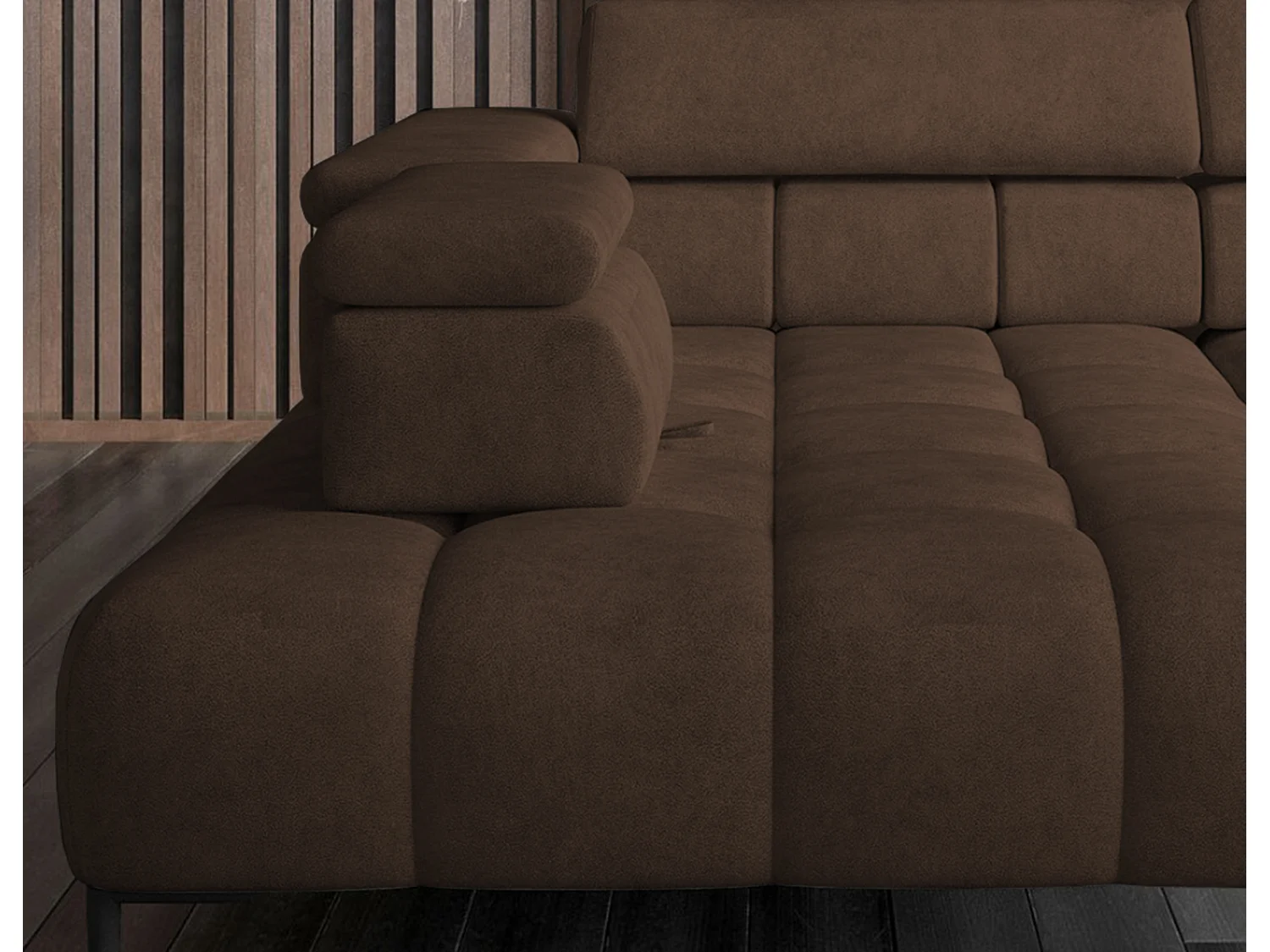 Ecksofa PLAZA-L Linke Funktional Komfortable Schlaffunktion Verstellbare Kopfstützen Verstellbarer Sitz Wellenfedersystem 300x216x99cm Braun